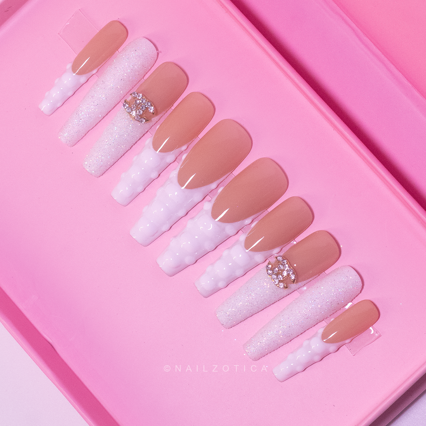 Blanc Elegance - Long Length French Tip White Glitter Designer Charm Raised Croc Print Reusable Acrylic Gel UV High Quality Handmade Luxury Press On Nails