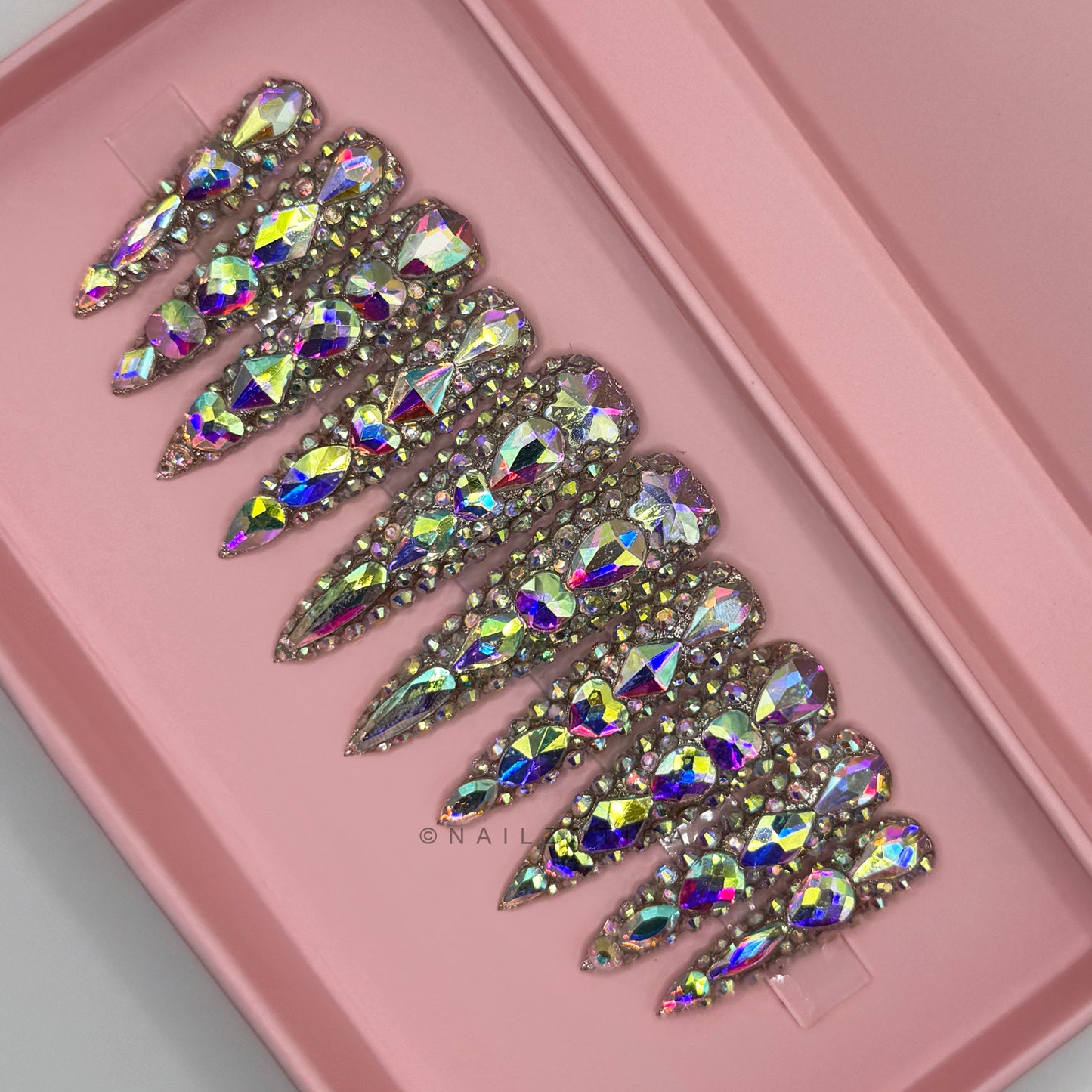 Boujie Bling - Extra Long Length 50mm & 55mm Silver Rhinestone Square Stiletto Shape Reusable Acrylic Gel UV High Quality Handmade Luxury Press On Nails