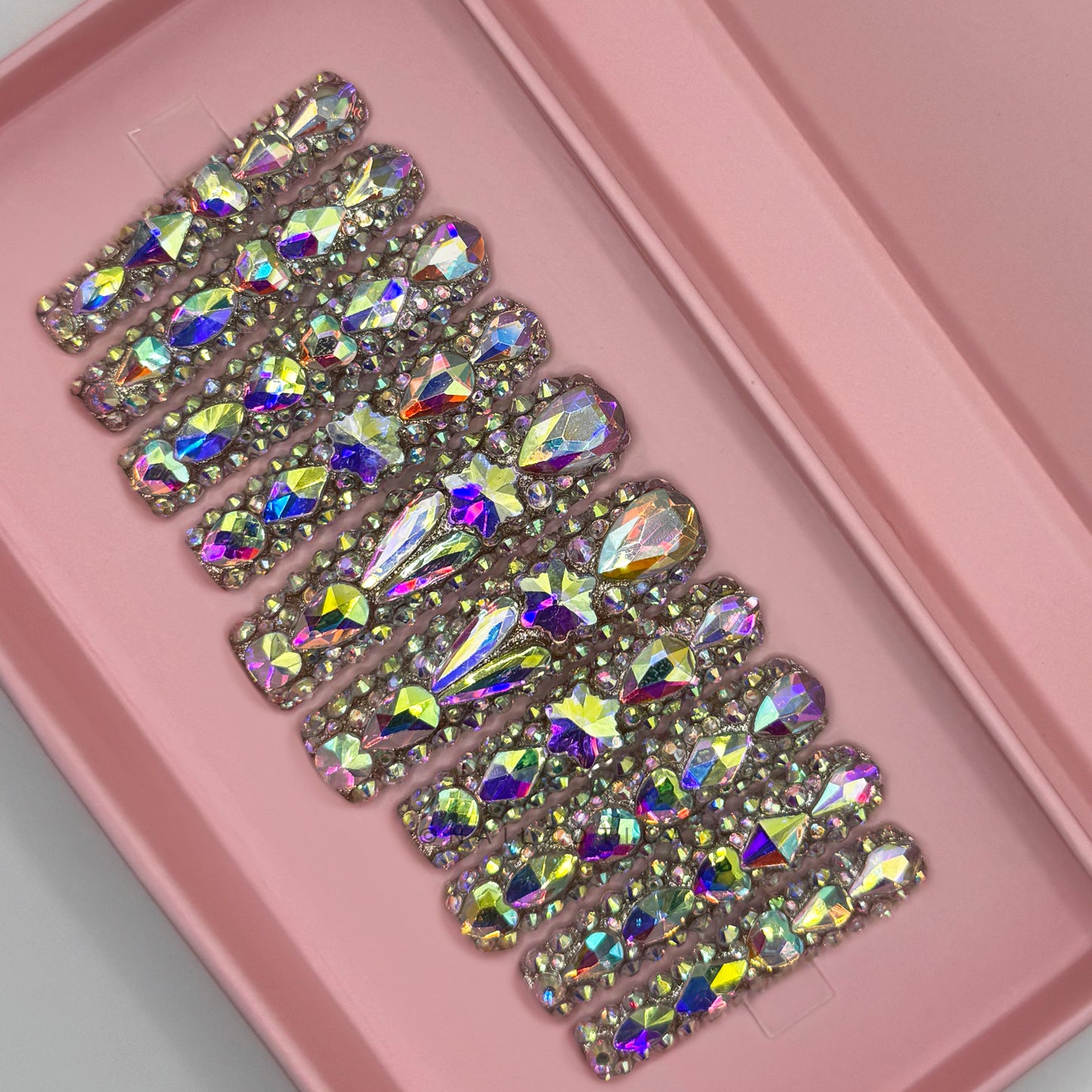 Boujie Bling - Extra Long Length 50mm & 55mm Silver Rhinestone Square Stiletto Shape Reusable Acrylic Gel UV High Quality Handmade Luxury Press On Nails