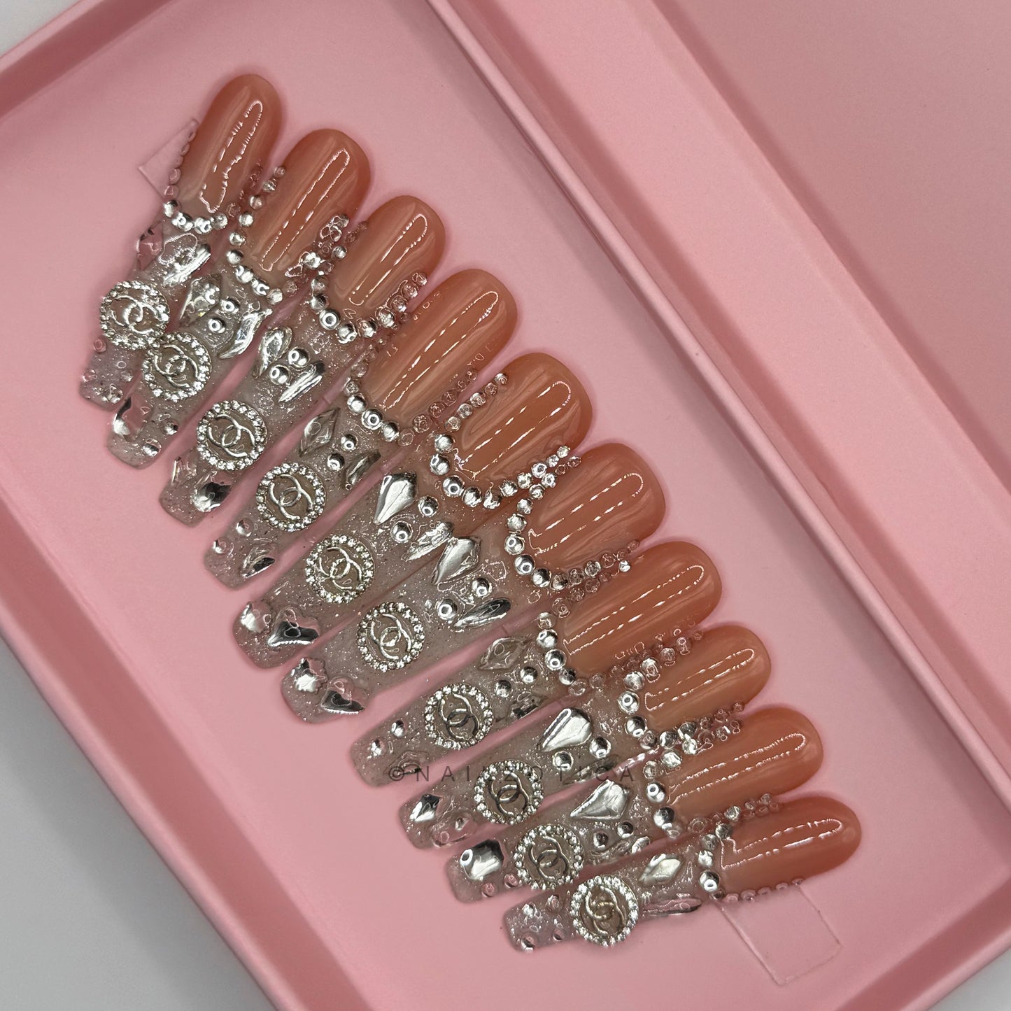 Apparent Luxury - Extra Long Length 55mm Ballerina Shape Silver Rhinestone Reusable Acrylic Gel UV French Tip Ombre Gradient High Quality Handmade Luxury Press On Ballerina Nails