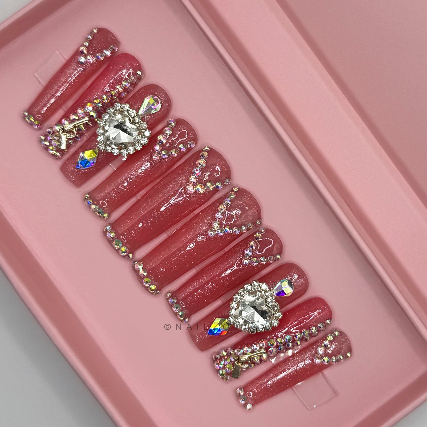 Diamond Deviant - Long Length 40mm Square Shape Pink Glitter Base Silver Rhinestone Gun Jewel Charm Reusable Acrylic Gel UV High Quality Handmade Luxury Press On Nails