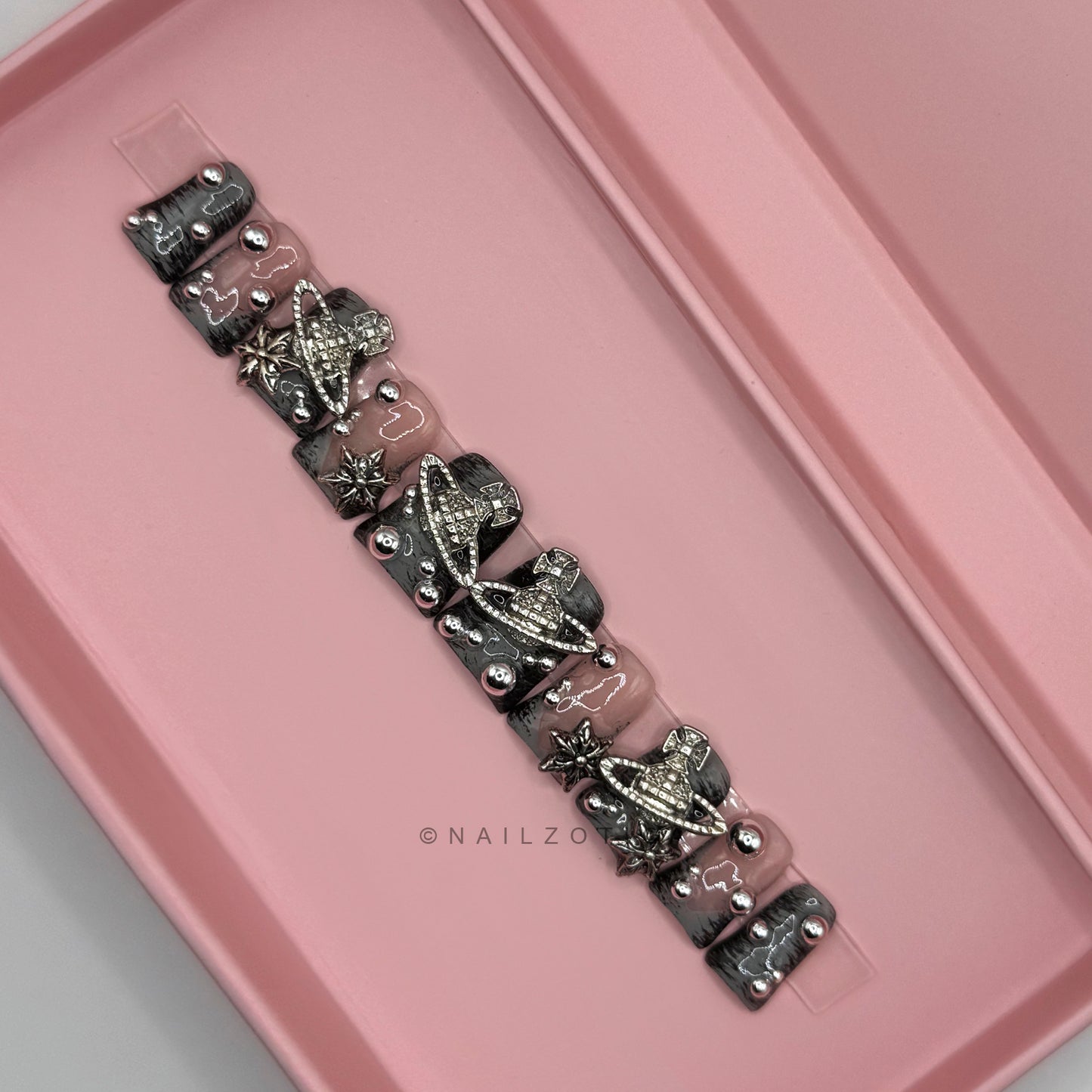 Devils Advocate - Short Length 25mm Tapered Duck Shape Black Silver Bead Hand-Painted Zebra Stripe Print Transparent Nude Base Reusable Acrylic Gel UV High Quality Handmade Luxury Press On Duck Nails