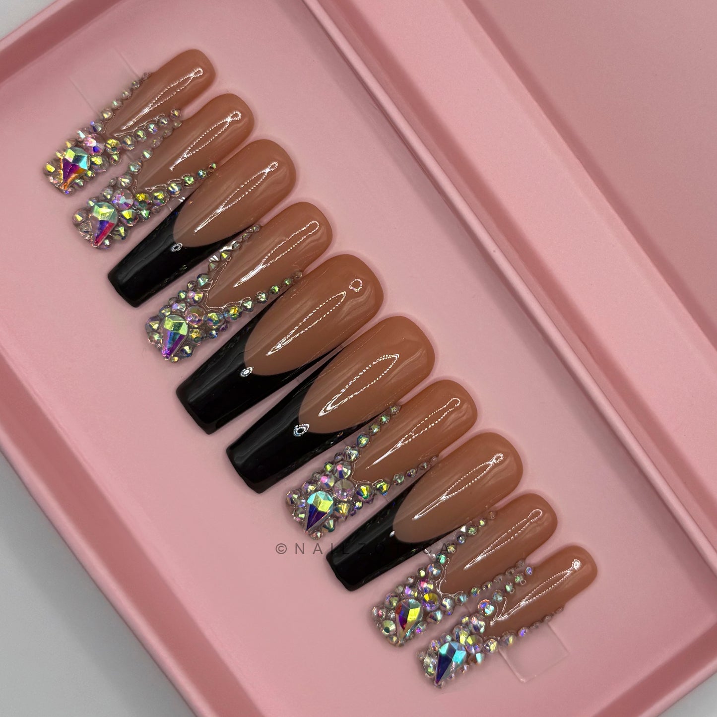 Frenchie Bling - Long Length 40mm French Tip White Black Pink Nude Natural Base Silver Rhinestone Reusable Acrylic Gel UV Hand-Painted High Quality Handmade Luxury Press On Nails