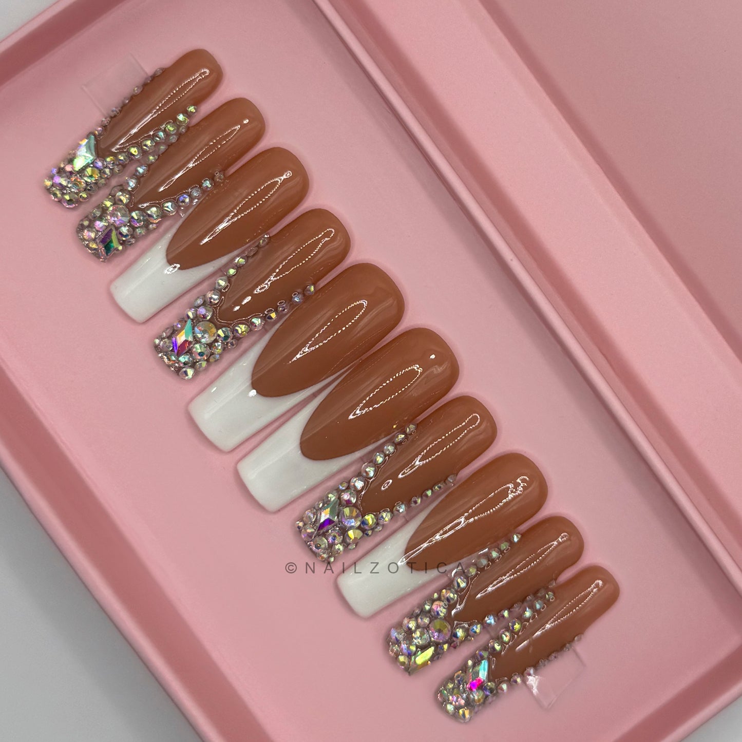 Frenchie Bling - Long Length 40mm French Tip White Black Pink Nude Natural Base Silver Rhinestone Reusable Acrylic Gel UV Hand-Painted High Quality Handmade Luxury Press On Nails
