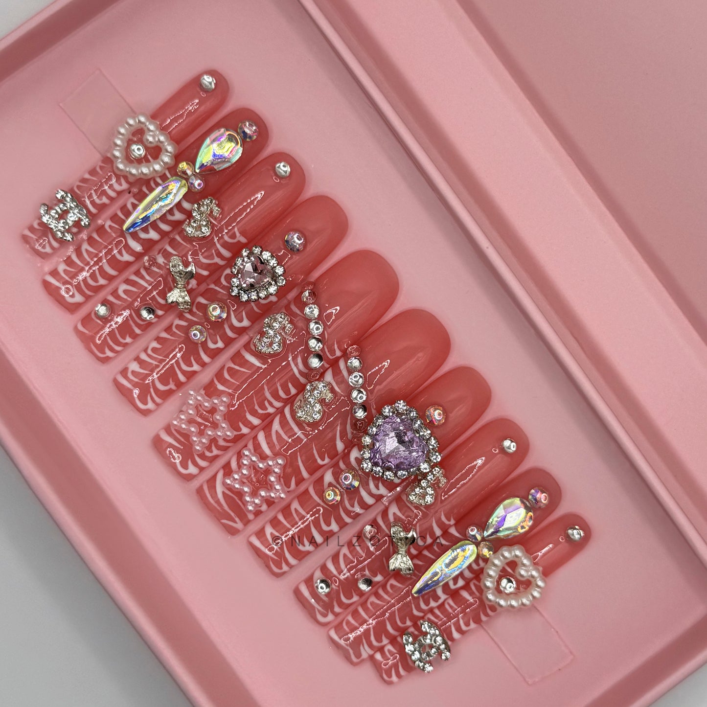 Jewel Junkie - Extra Long Length 55mm Square Shape Pink Semi-Transparent Base White Animal Zebra Print Star Heart Pearl Dollar Sign Bow Jewel Charm Silver Rhinestone Reusable Acrylic Gel UV Hand-Painted High Quality Handmade Luxury Press On Nails