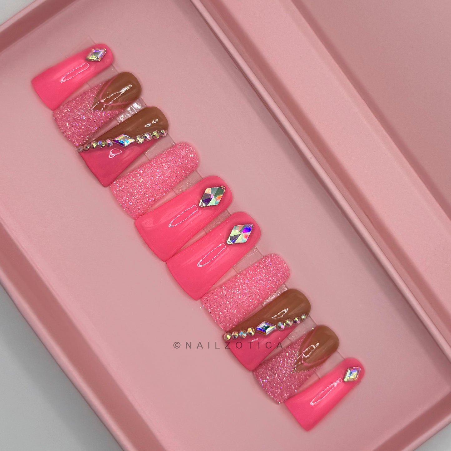 Pink Ur Poison - Long Length Medium Length 30mm & 40mm Square Shape Duck Shape Hot Pink Glitter French Tip Silver Rhinestone Reusable Acrylic Gel UV Hand-Painted High Quality Handmade Luxury Press On Nails
