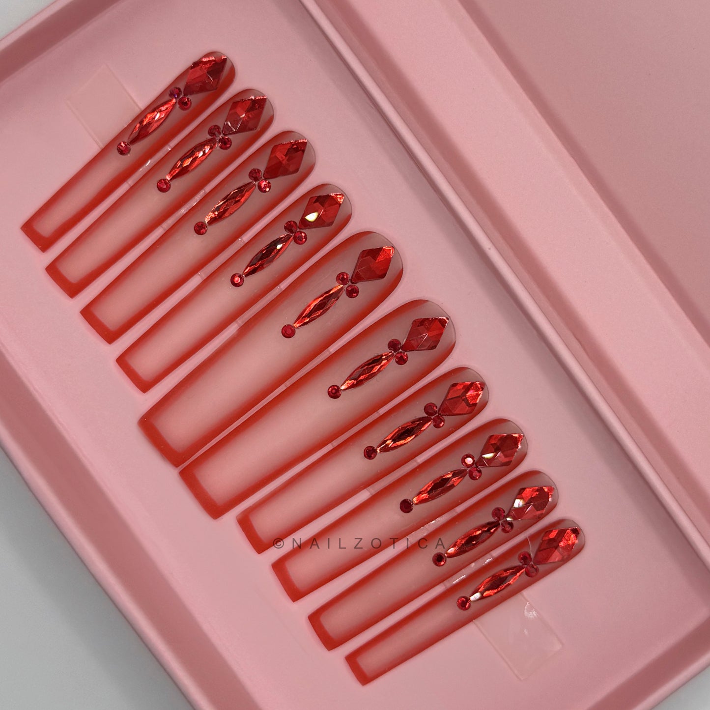Queen of Hearts - Extra Long Length 55mm Square Shape Matte Clear Transparent Red Outline Red Rhinestone Reusable Acrylic Gel UV Hand-Painted High Quality Handmade Luxury Press On Nails