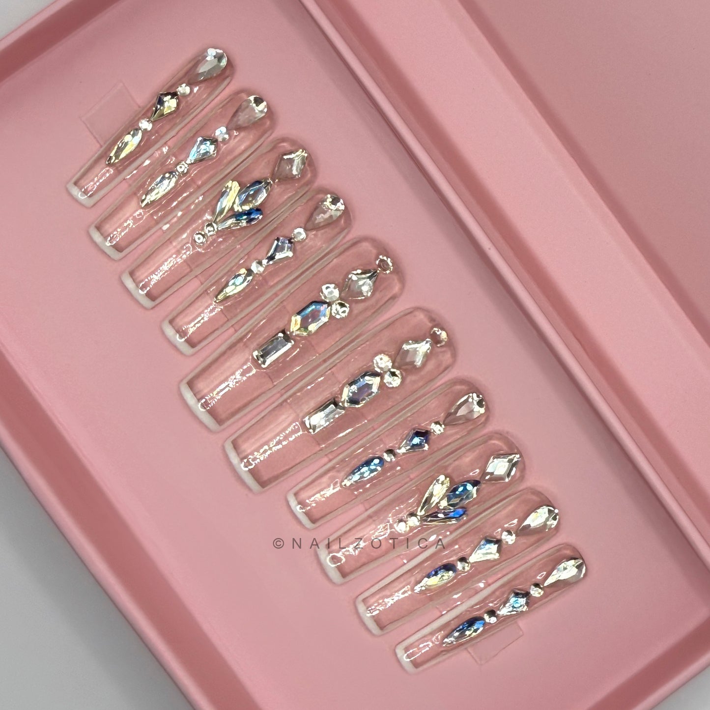Queen of Diamonds - Long Length 40mm Square Shape Clear Transparent White Outline Silver Rhinestone Reusable Acrylic Gel UV Hand-Painted High Quality Handmade Luxury Press On Nails