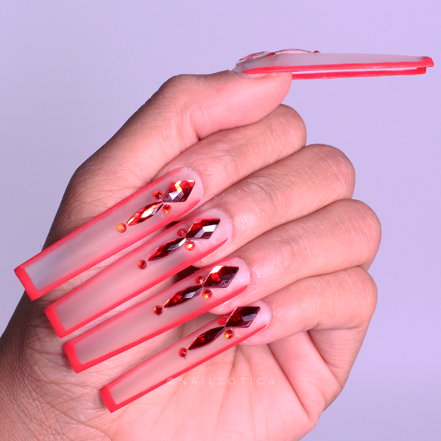 Queen of Hearts - Extra Long Length 55mm Square Shape Matte Clear Transparent Red Outline Red Rhinestone Reusable Acrylic Gel UV Hand-Painted High Quality Handmade Luxury Press On Nails