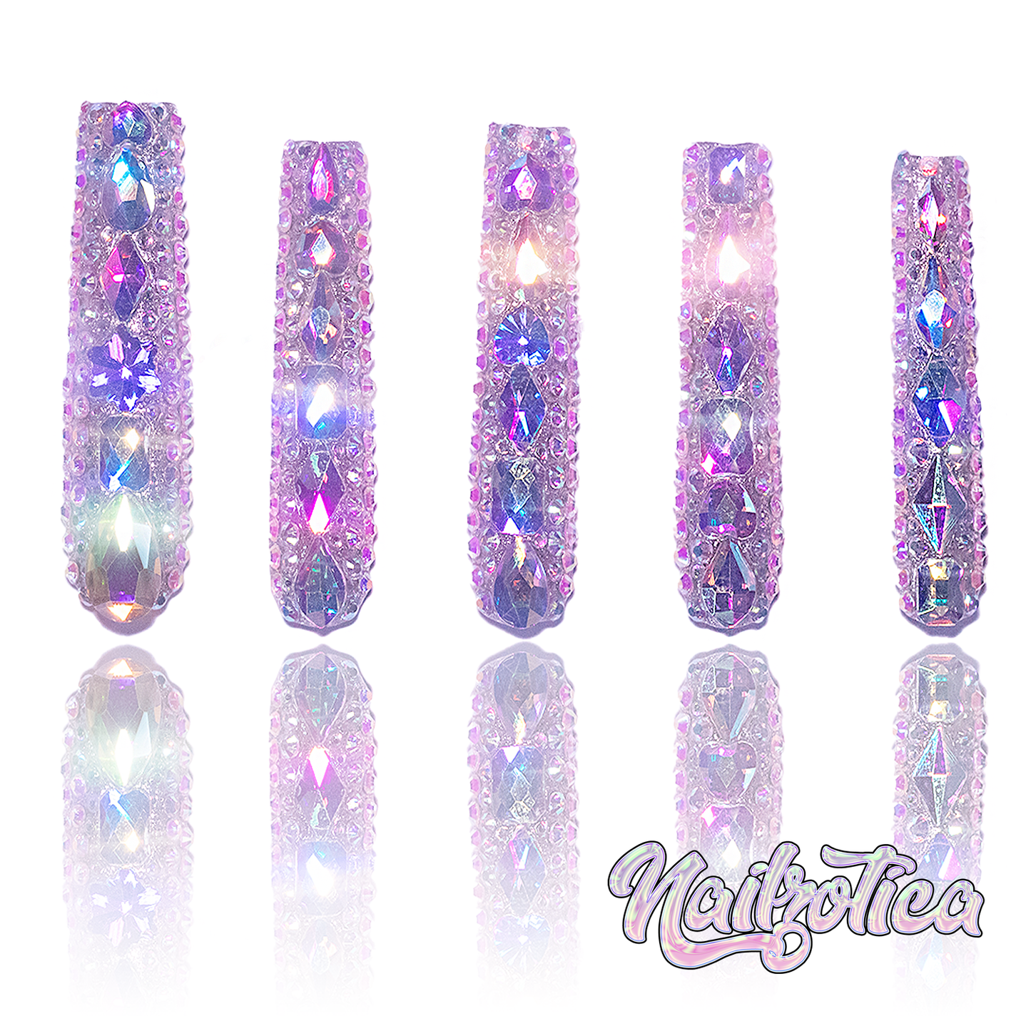 Boujie Bling - Extra Long Length 50mm & 55mm Silver Rhinestone Square Stiletto Shape Reusable Acrylic Gel UV High Quality Handmade Luxury Press On Nails (Custom)
