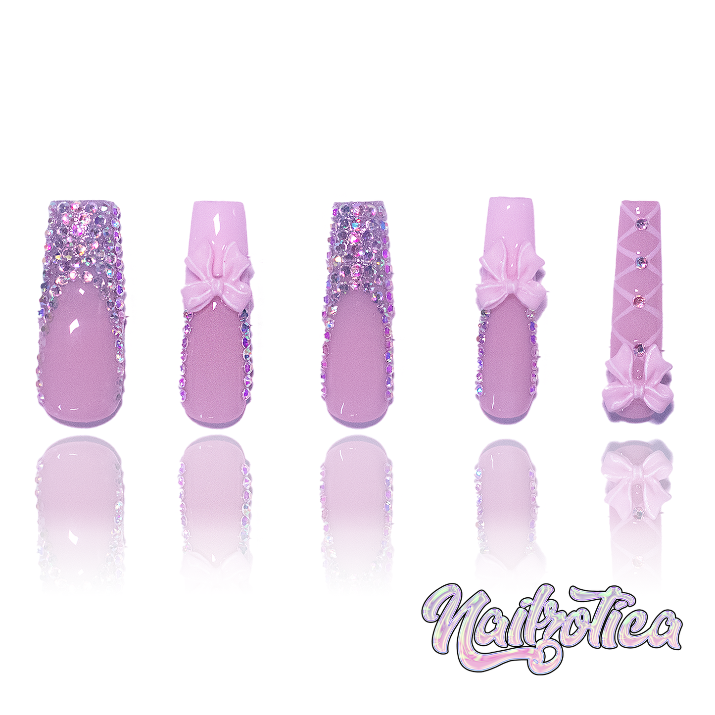 Bowtiful - Medium Length 35mm French Tip White Pink Base Square Shape Bow Charm Silver Rhinestone Lace High Quality Reusable Acrylic Gel UV Handmade Luxury Press On Nails