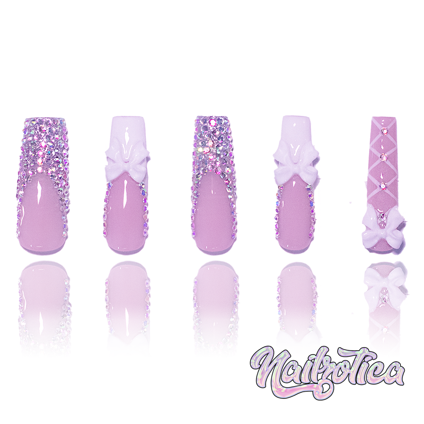 Bowtiful - Medium Length 35mm French Tip White Pink Base Square Shape Bow Charm Silver Rhinestone Lace High Quality Reusable Acrylic Gel UV Handmade Luxury Press On Nails