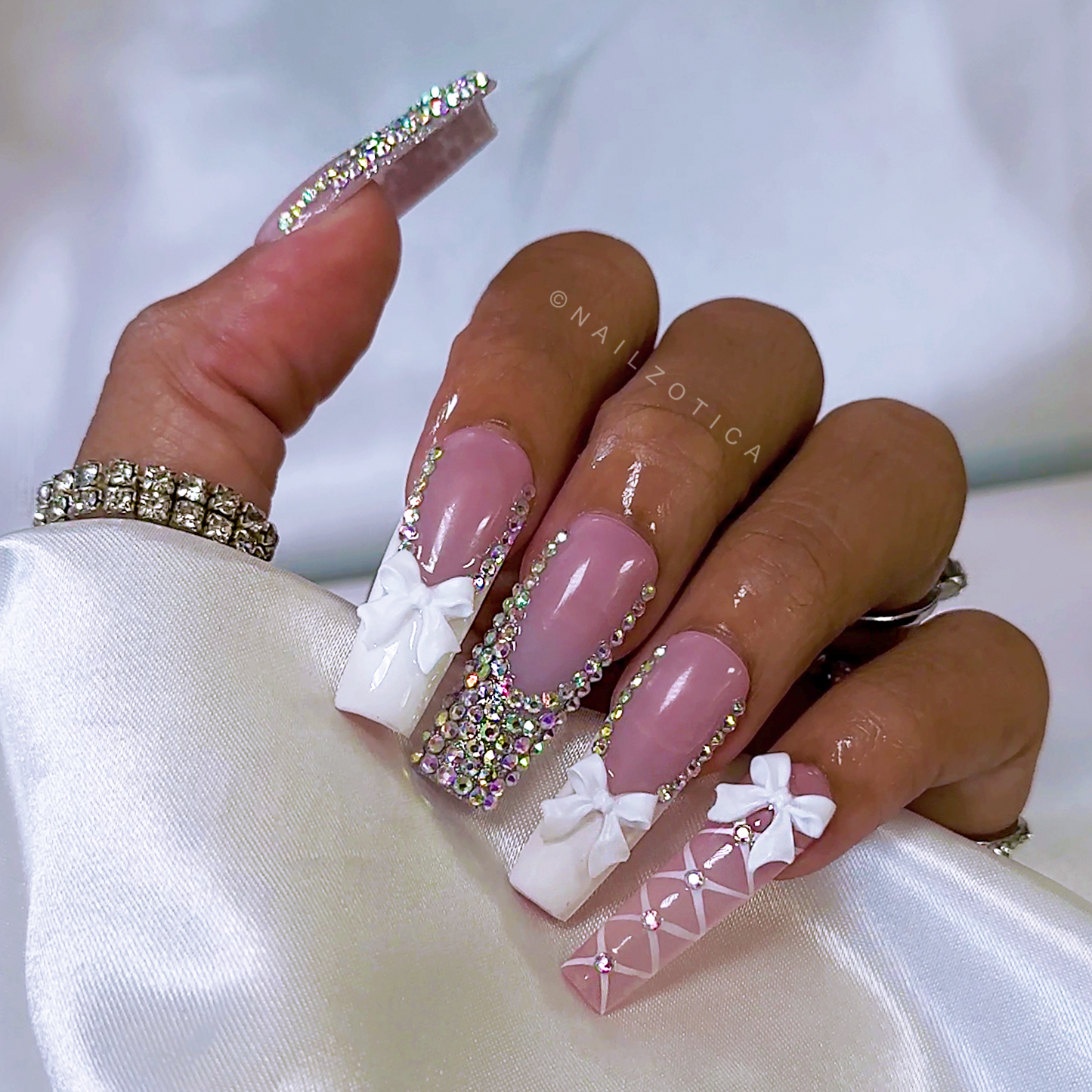 Bowtiful - Medium Length 35mm French Tip White Pink Base Square Shape Bow Charm Silver Rhinestone Lace High Quality Reusable Acrylic Gel UV Handmade Luxury Press On Nails