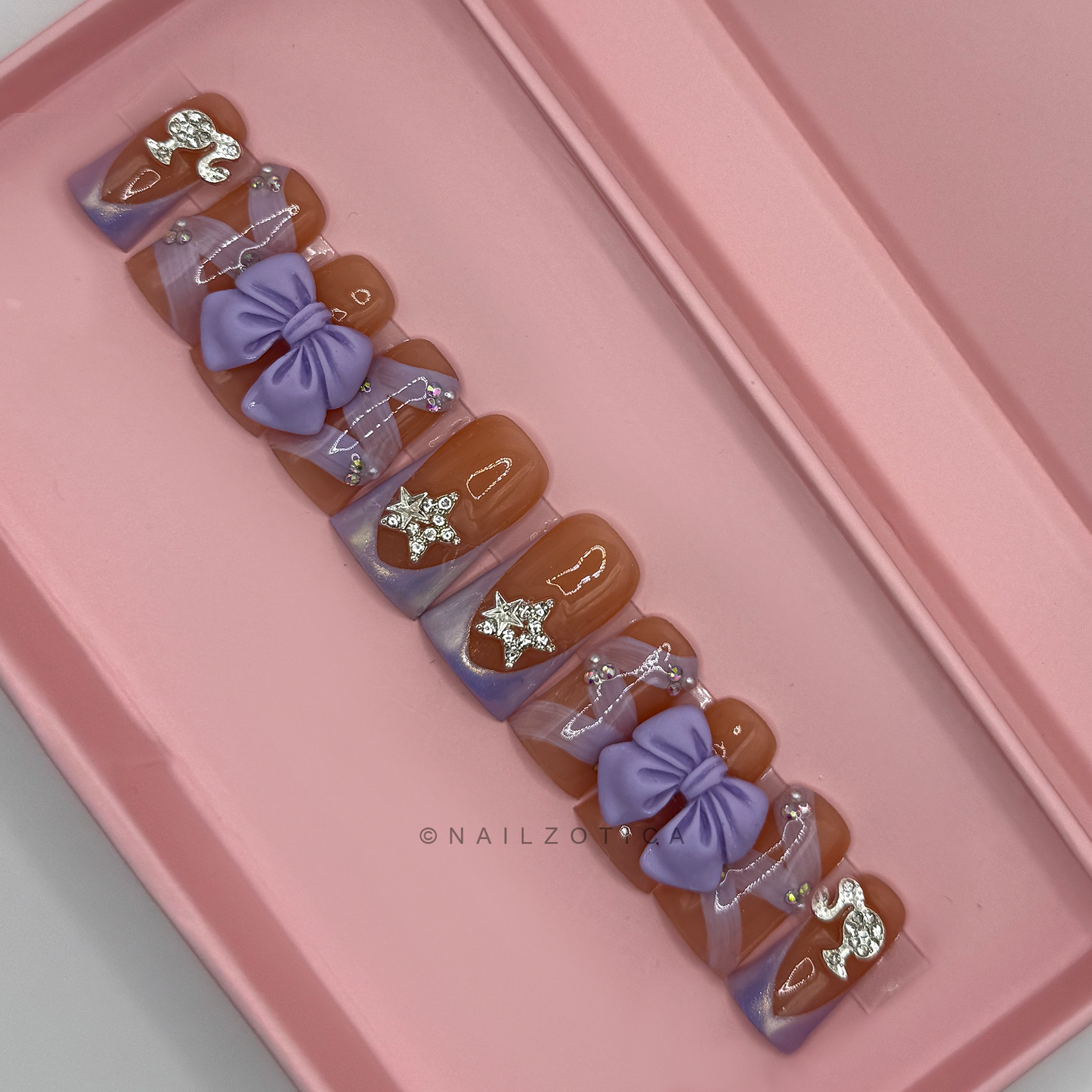 Bowtique Bling- Short Length 25mm Duck Shape Bow Star Girl Charm Lace Purple Reusable Acrylic Gel UV High Quality Handmade Luxury Press On Nails
