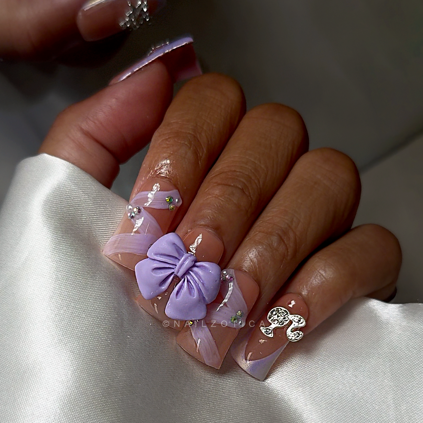 Bowtique Bling- Short Length Duck Shape Bow Star Girl Charm Lace Purple Reusable Acrylic Gel UV High Quality Handmade Luxury Press On Nails