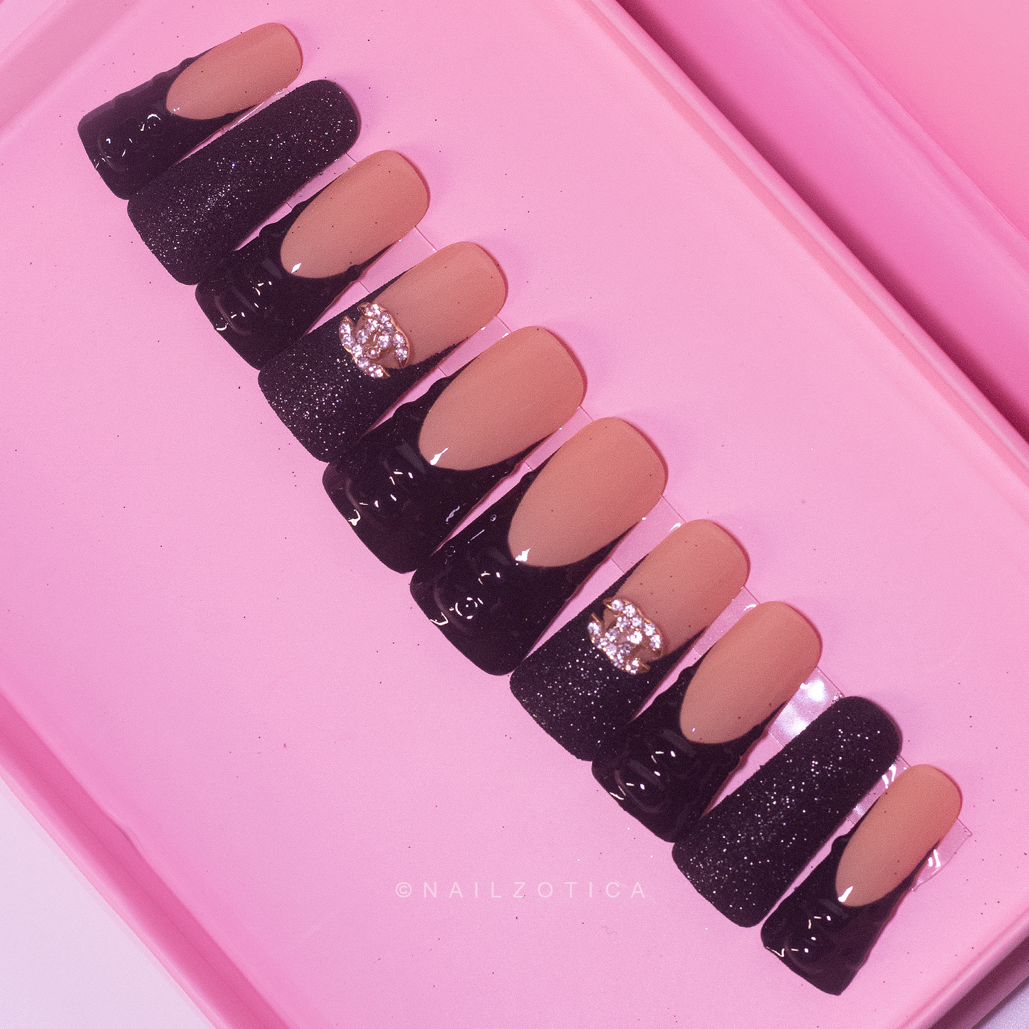 Designer Duck - Medium Length Duck Shape French Tip Black Glitter Designer Charm Nude Base Reusable Acrylic Gel UV High Quality Handmade Luxury Press On Duck Nails
