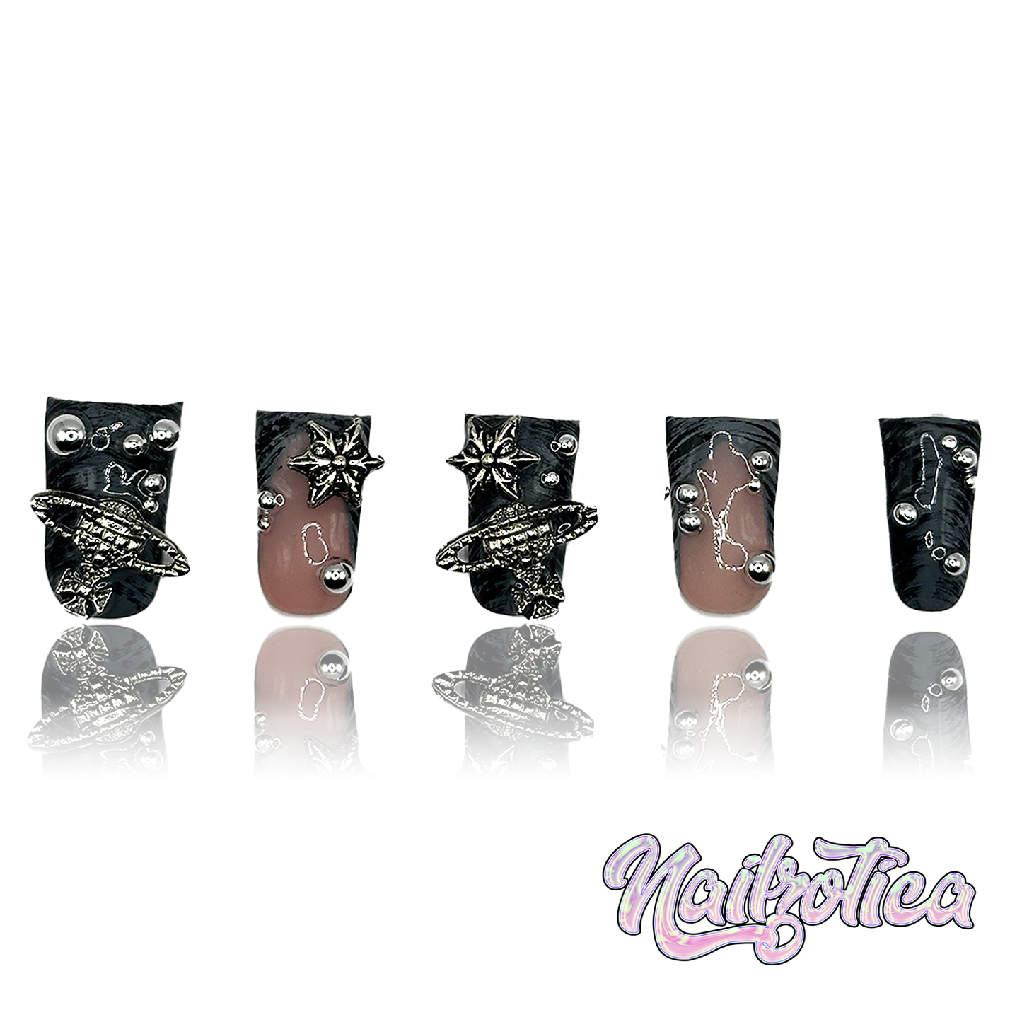 Devils Advocate - Short Length 25mm Tapered Duck Shape Black Silver Bead Hand-Painted Zebra Stripe Print Transparent Nude Base Reusable Acrylic Gel UV High Quality Handmade Luxury Press On Duck Nails