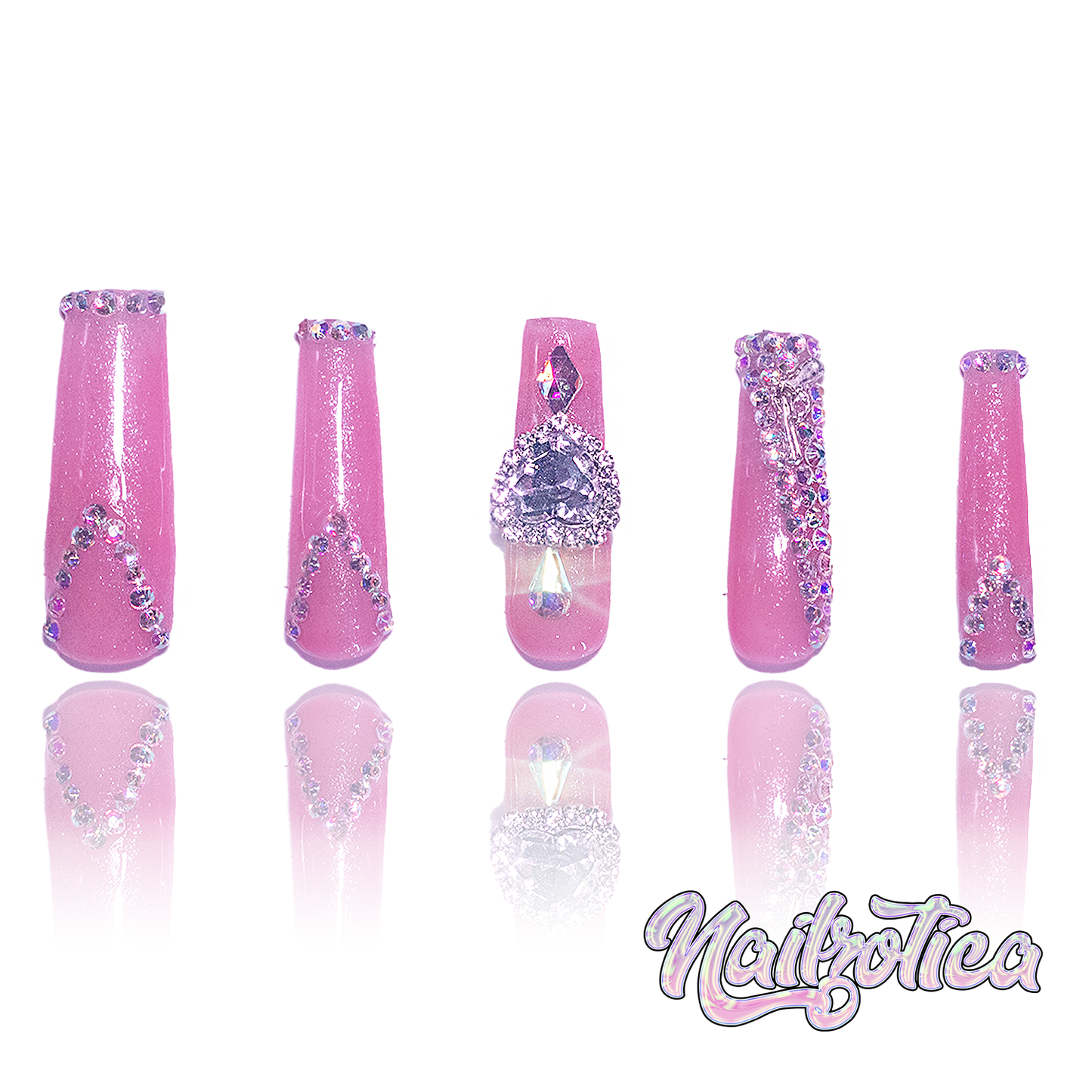Diamond Deviant - Long Length 40mm Square Shape Pink Glitter Base Silver Rhinestone Gun Jewel Charm Reusable Acrylic Gel UV High Quality Handmade Luxury Press On Nails