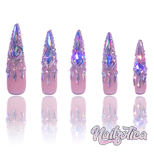 Diamond Frenzy - Long Length 40mm Stiletto Pointy Shape Transparent Nude Base Natural Looking Silver Rhinestone Reusable Acrylic Gel UV High Quality Handmade Luxury Press On Stiletto Nails