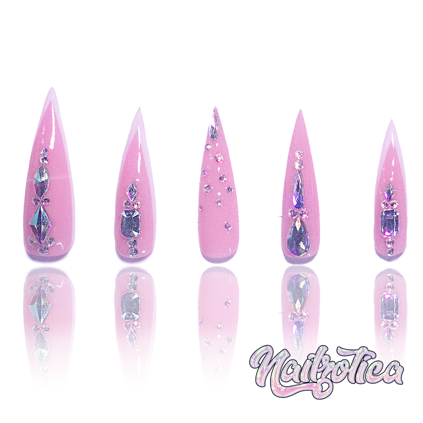 Diamond Stiletto - Long Length 40mm Stiletto Pointy Shape Pink Base White French Silver Rhinestone Reusable Acrylic Gel UV High Quality Handmade Luxury Press On Stiletto Nails