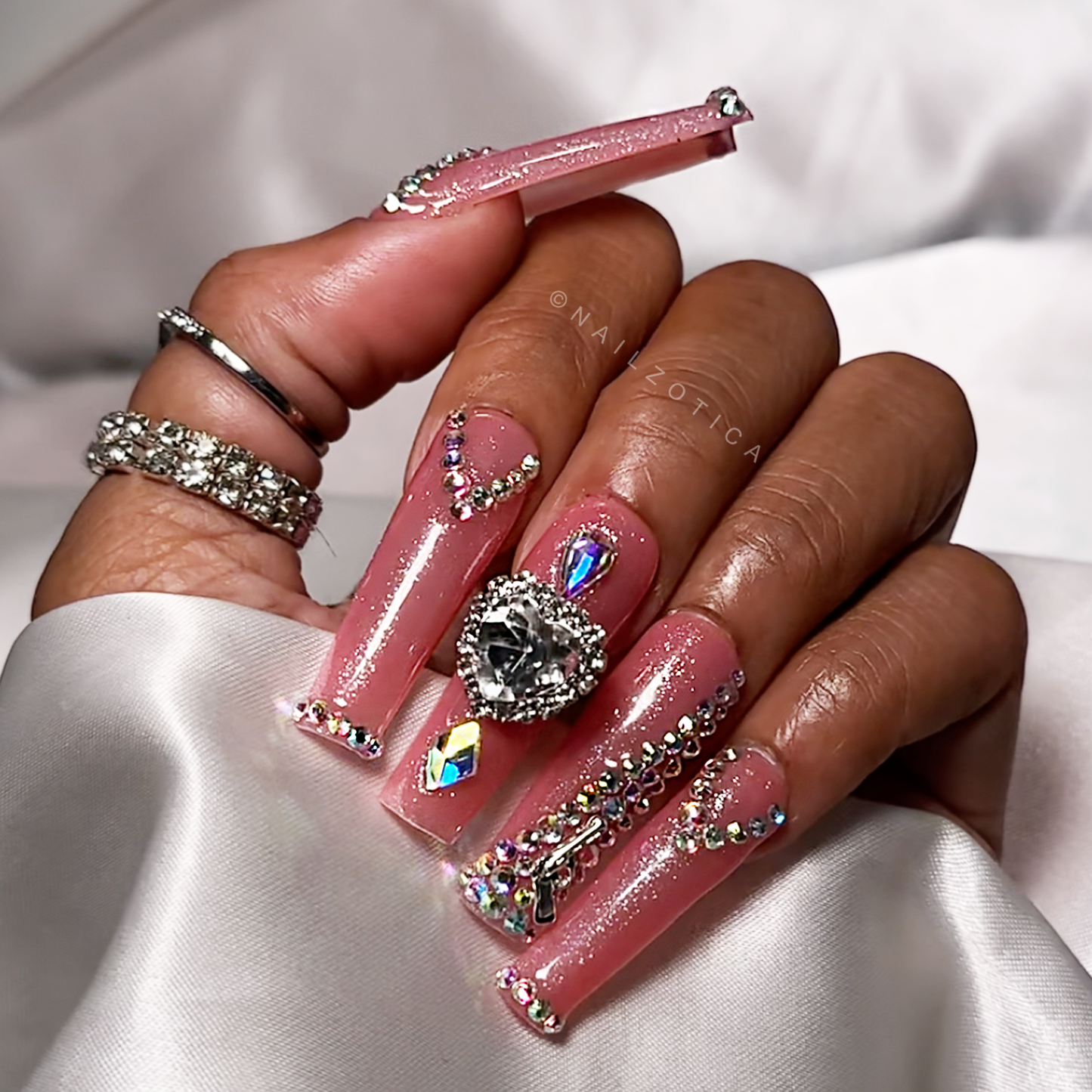 Diamond Deviant - Long Length 40mm Square Shape Pink Glitter Base Silver Rhinestone Gun Jewel Charm Reusable Acrylic Gel UV High Quality Handmade Luxury Press On Nails