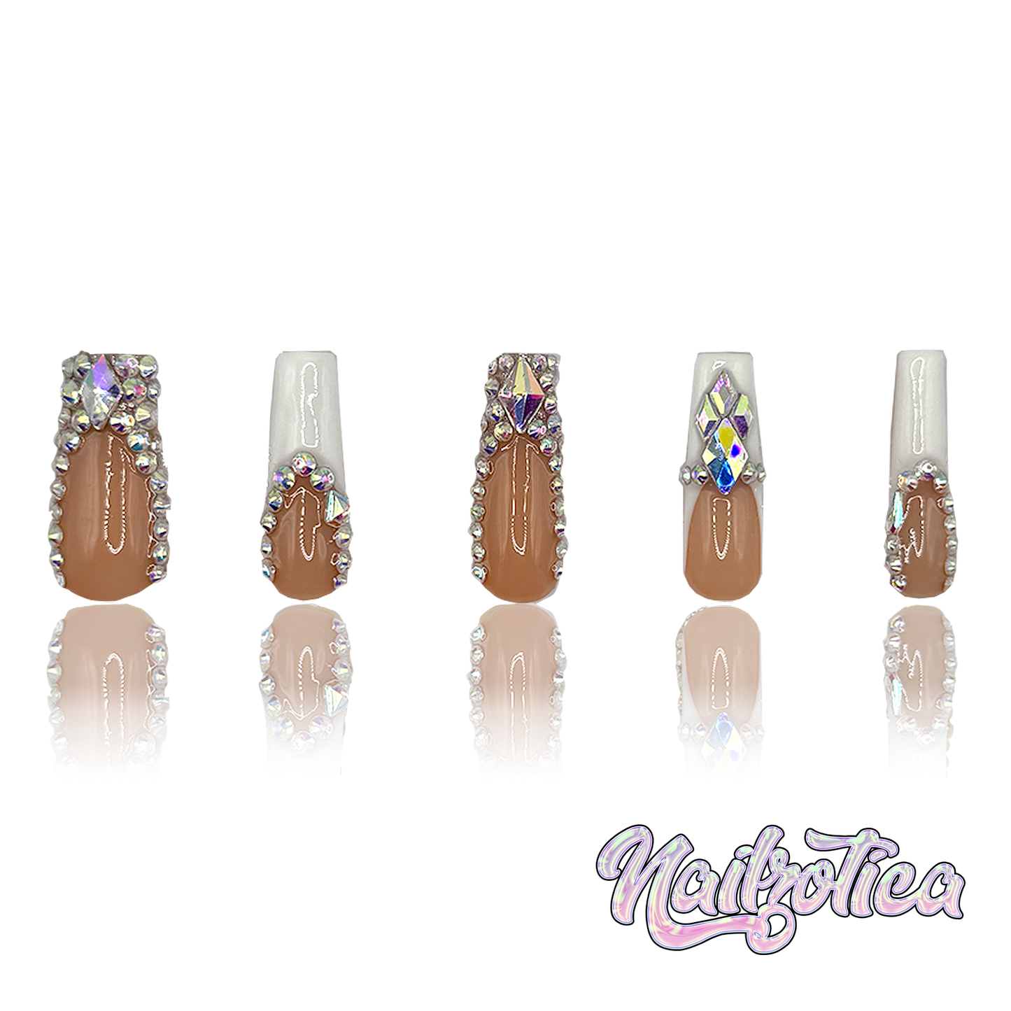 Fabulous French - Medium Length 35mm Square Shape White French Tip Silver Rhinestone Reusable Acrylic Gel UV High Quality Handmade Luxury Press On Nails