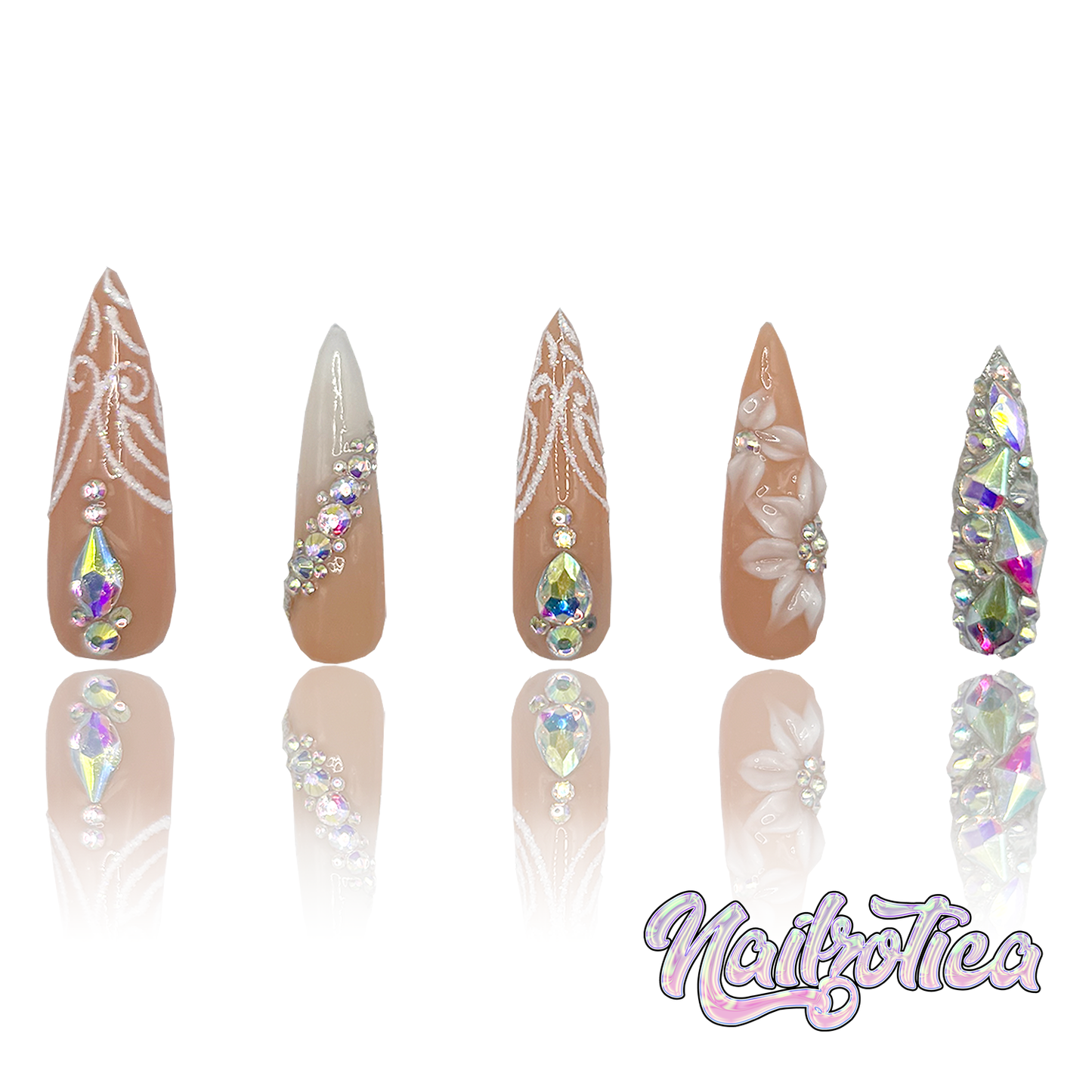 Fancy Floral - Long Length Stiletto Pointy Shape Nude Base 3D Flower Glitter Rhinestone Reusable Acrylic Gel UV High Quality Handmade Luxury Press On Stiletto Nails