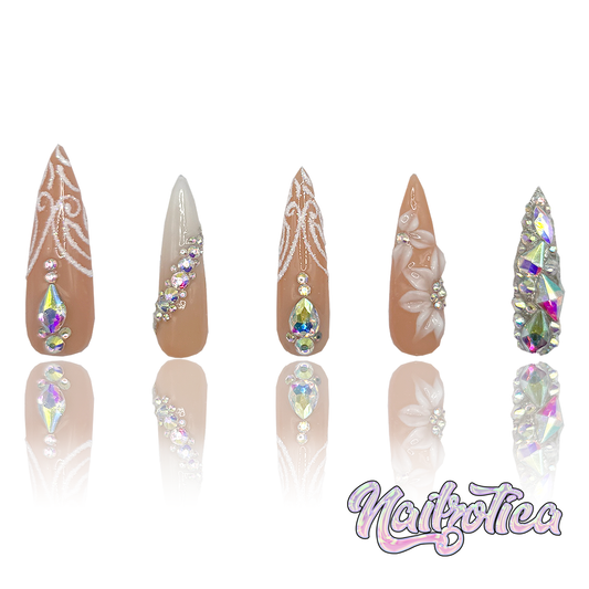 Fancy Floral - Long Length 40mm Stiletto Pointy Shape Nude Base 3D Flower Glitter Rhinestone Reusable Acrylic Gel UV High Quality Handmade Luxury Press On Stiletto Nails