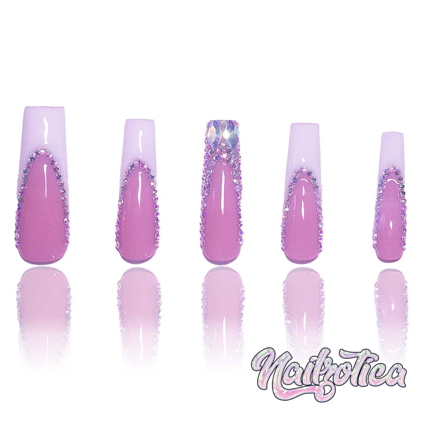 French & Fancy - Long Length Square Shape White French Tip Pink Base Silver Rhinestone Reusable Acrylic Gel UV Hand-Painted High Quality Handmade Luxury Press On Nails