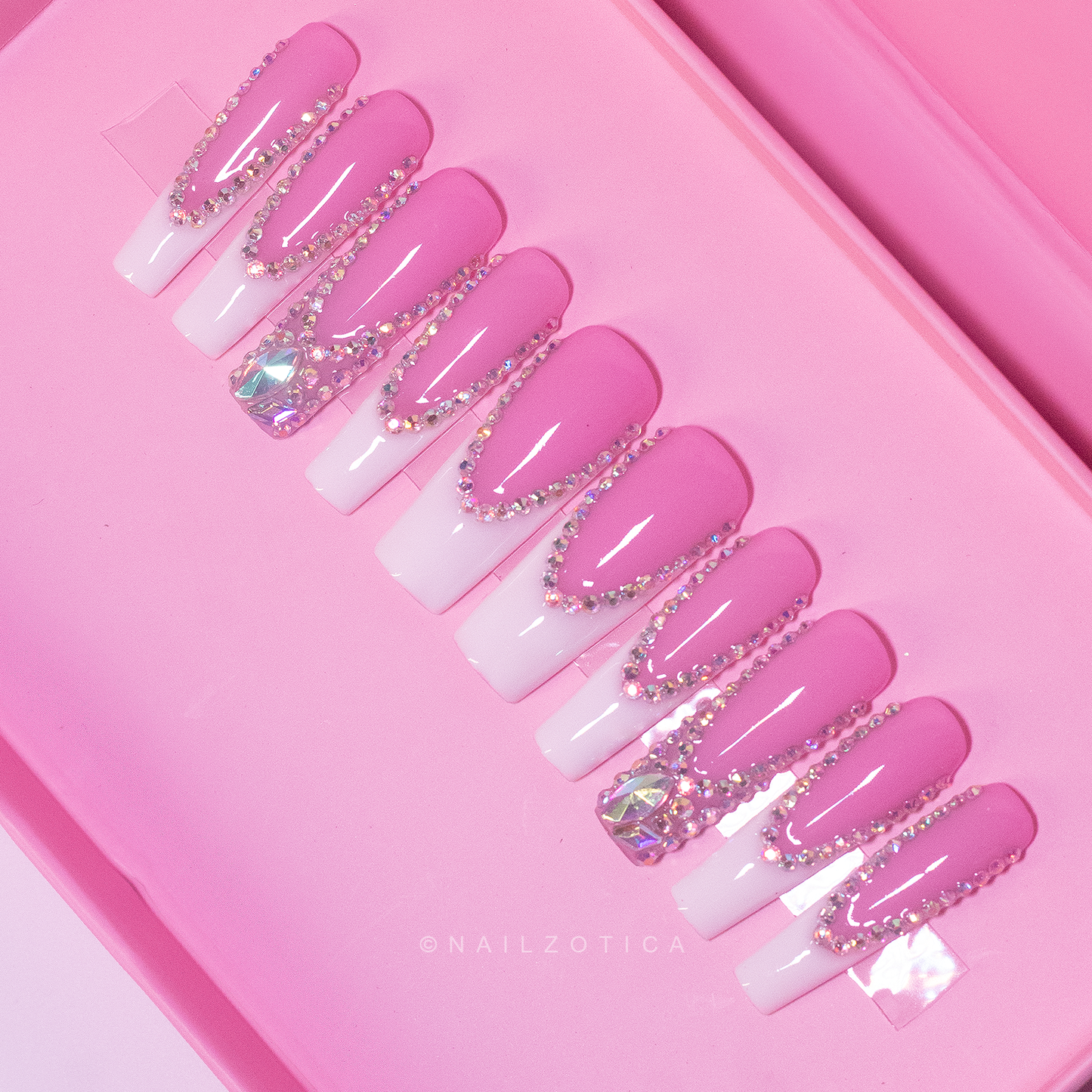 French & Fancy - Long Length Square Shape White French Tip Pink Base Silver Rhinestone Reusable Acrylic Gel UV Hand-Painted High Quality Handmade Luxury Press On Nails