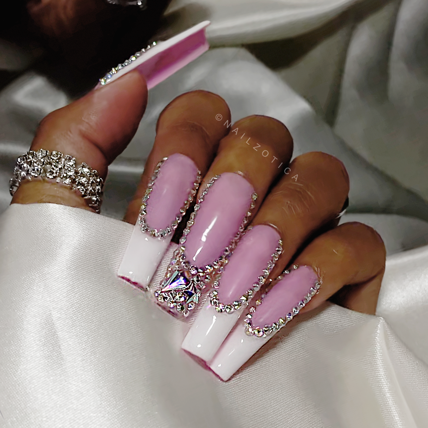 French & Fancy - Long Length Square Shape White French Tip Pink Base Silver Rhinestone Reusable Acrylic Gel UV Hand-Painted High Quality Handmade Luxury Press On Nails