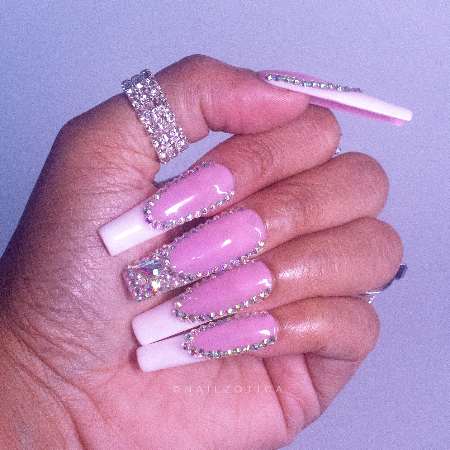French & Fancy - Long Length Square Shape White French Tip Pink Base Silver Rhinestone Reusable Acrylic Gel UV Hand-Painted High Quality Handmade Luxury Press On Nails