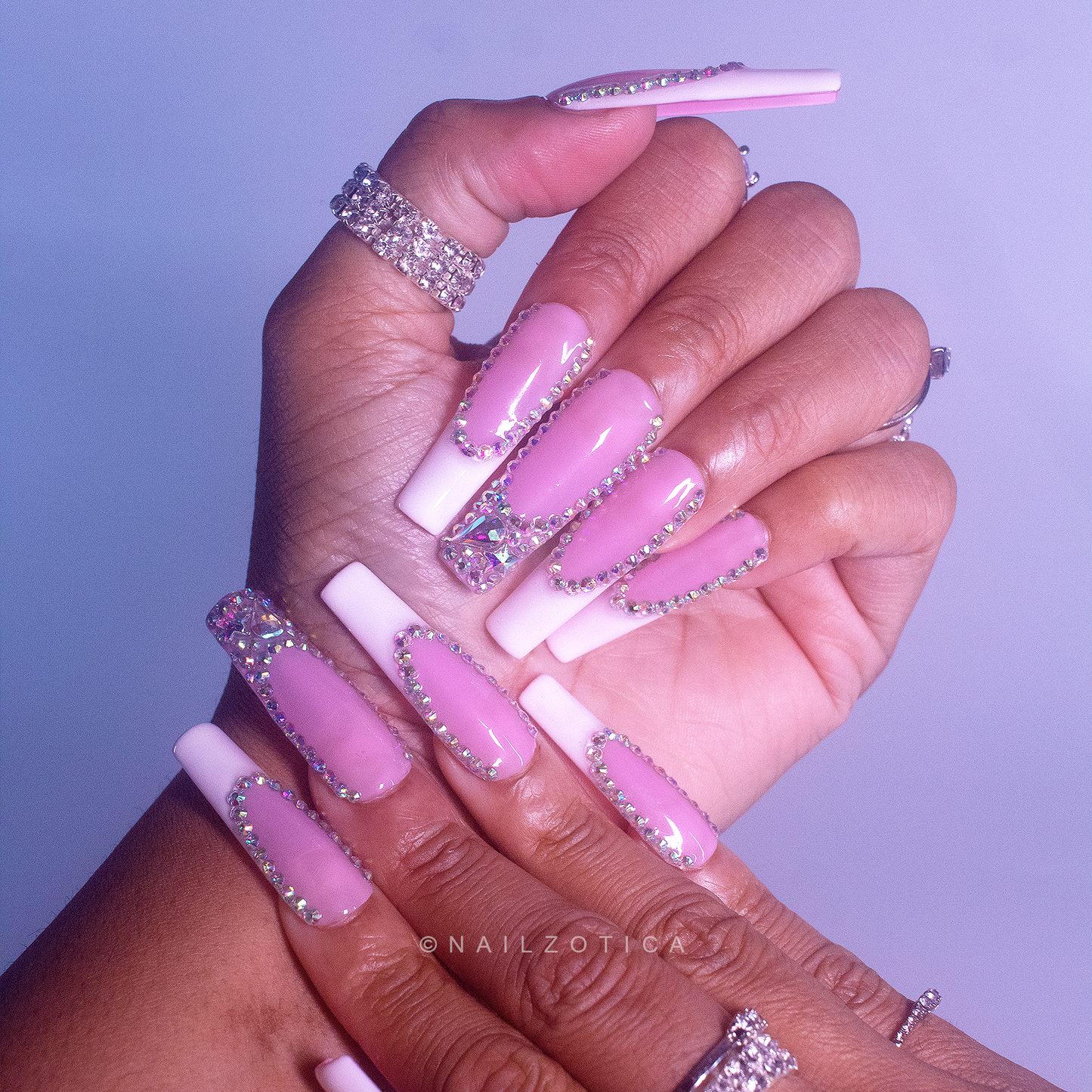 French & Fancy - Long Length Square Shape White French Tip Pink Base Silver Rhinestone Reusable Acrylic Gel UV Hand-Painted High Quality Handmade Luxury Press On Nails
