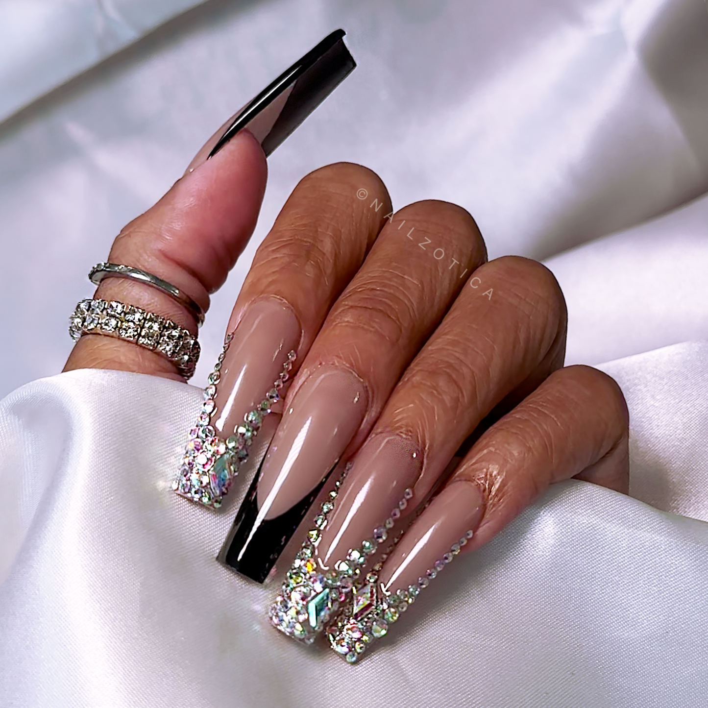 Frenchie Bling - Long Length French Tip White Black Pink Nude Natural Base Silver Rhinestone Reusable Acrylic Gel UV Hand-Painted High Quality Handmade Luxury Press On Nails