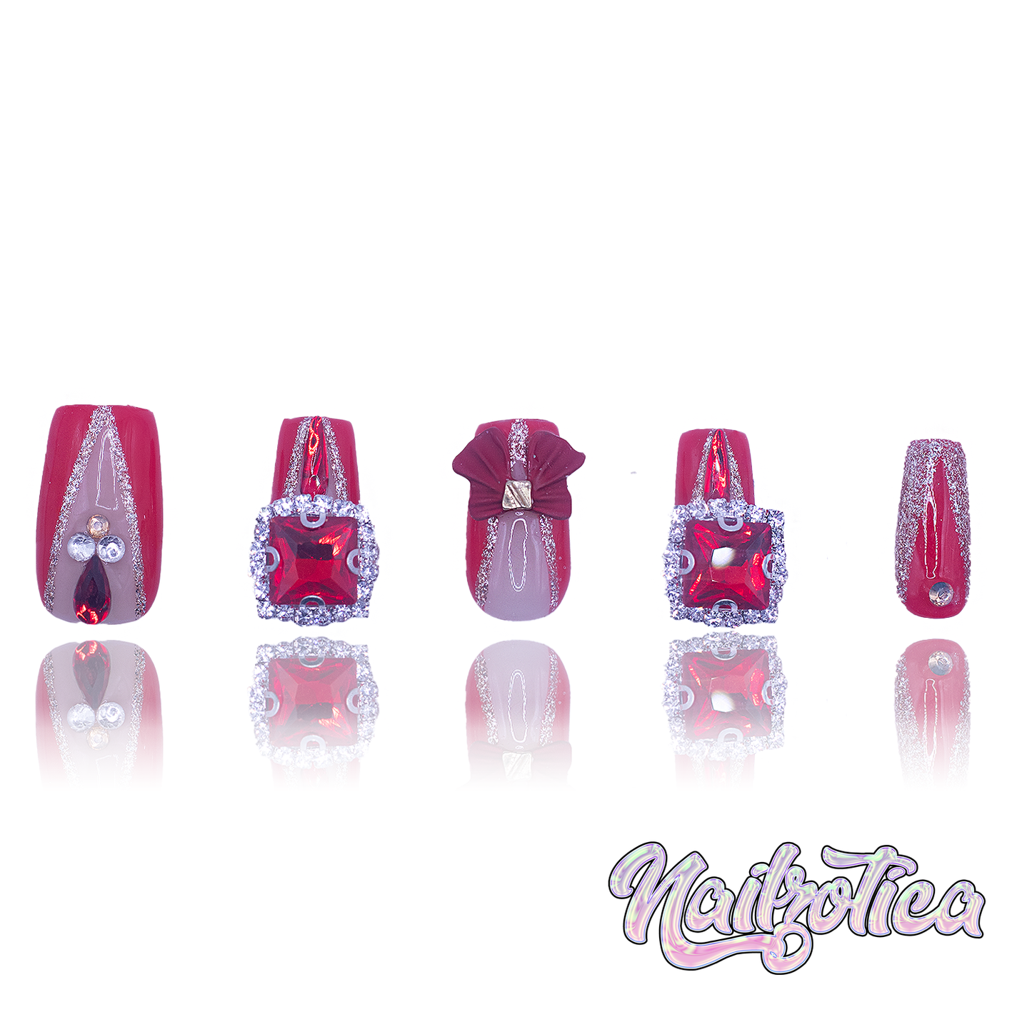 Gift of Glam - Short Length 25mm Square Shape Red French Tip Ruby Gem Bow Charm Silver Glitter Handmade Luxury Holiday Edition Christmas Press On Nails (Custom)