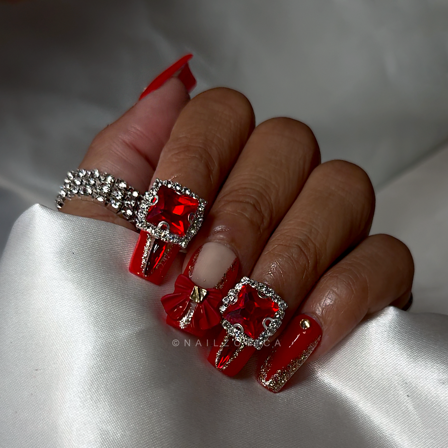 Gift of Glam - Short Length Square Shape Red French Tip Ruby Gem Bow Charm Silver Glitter Handmade Luxury Holiday Edition Christmas Press On Nails
