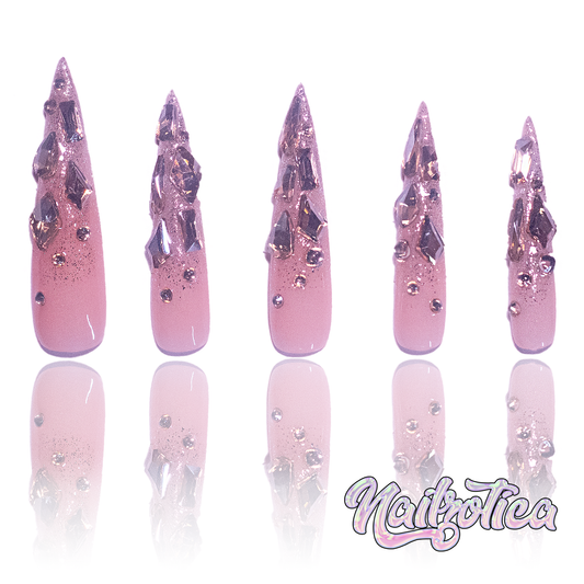 Gilded Gold - Extra Long Length 50mm Stiletto Medium Length Duck Shape Transparent Nude Base Glitter Ombre Gold Rhinestone Reusable Acrylic Gel UV Hand-Painted High QualityHandmade Luxury Press On Nails