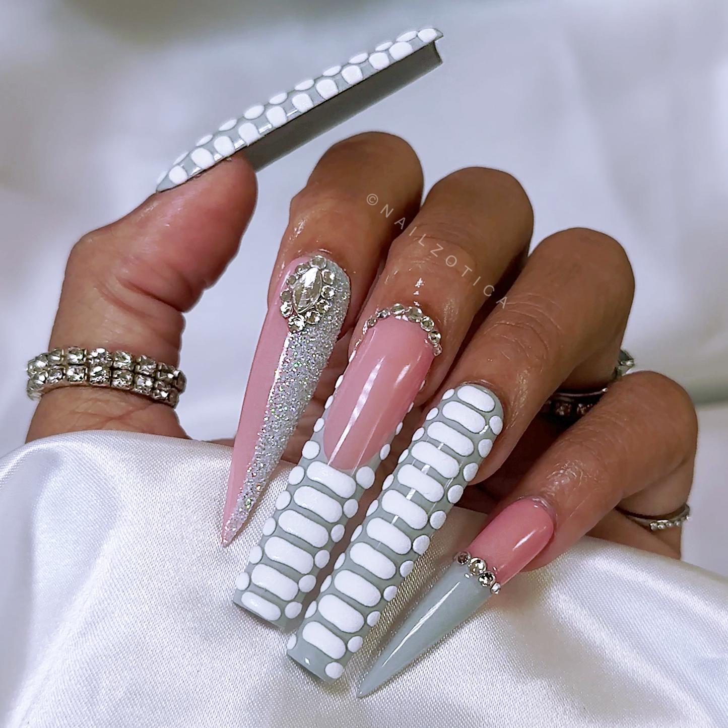 Glamorous Grayscale - Extra Long 50mm & 55mm Length Square Stiletto Shape Gray Matte French Tip White Embossed Croc Print Silver Rhinestone Reusable Acrylic Gel UV Hand-Painted High Quality Handmade Luxury Press On Nails