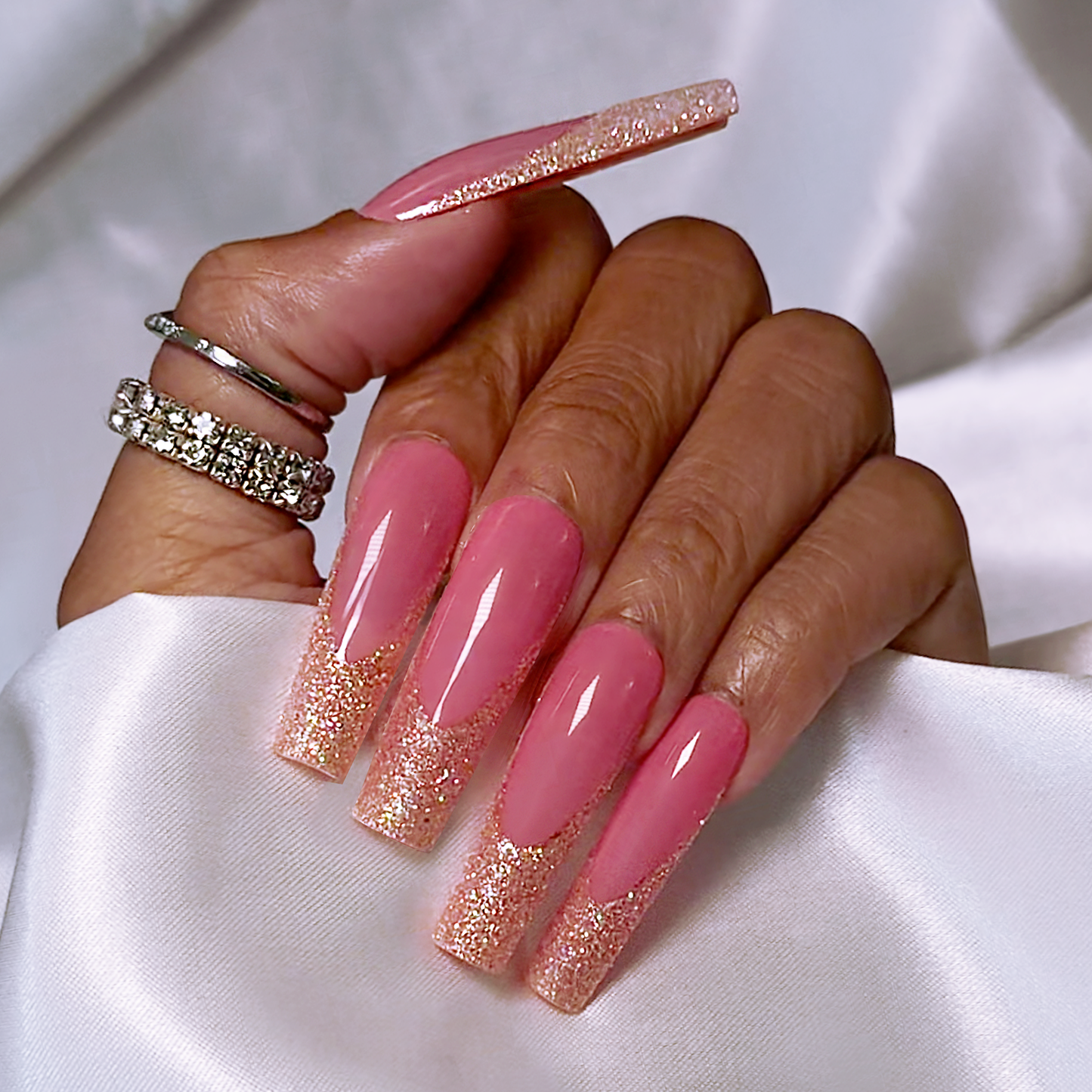 Glitter Goddess - Long Length Short Length Square Shape Gold Glitter French Tip Pink Transparent Base Reusable Acrylic Gel UV Hand-Painted High Quality Handmade Luxury Press On Nails