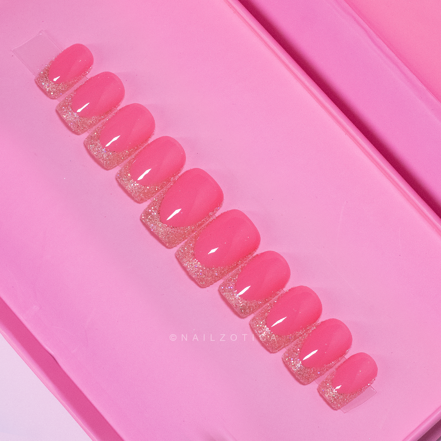 Glitter Goddess - Long Length Short Length Square Shape Gold Glitter French Tip Pink Transparent Base Reusable Acrylic Gel UV Hand-Painted High Quality Handmade Luxury Press On Nails