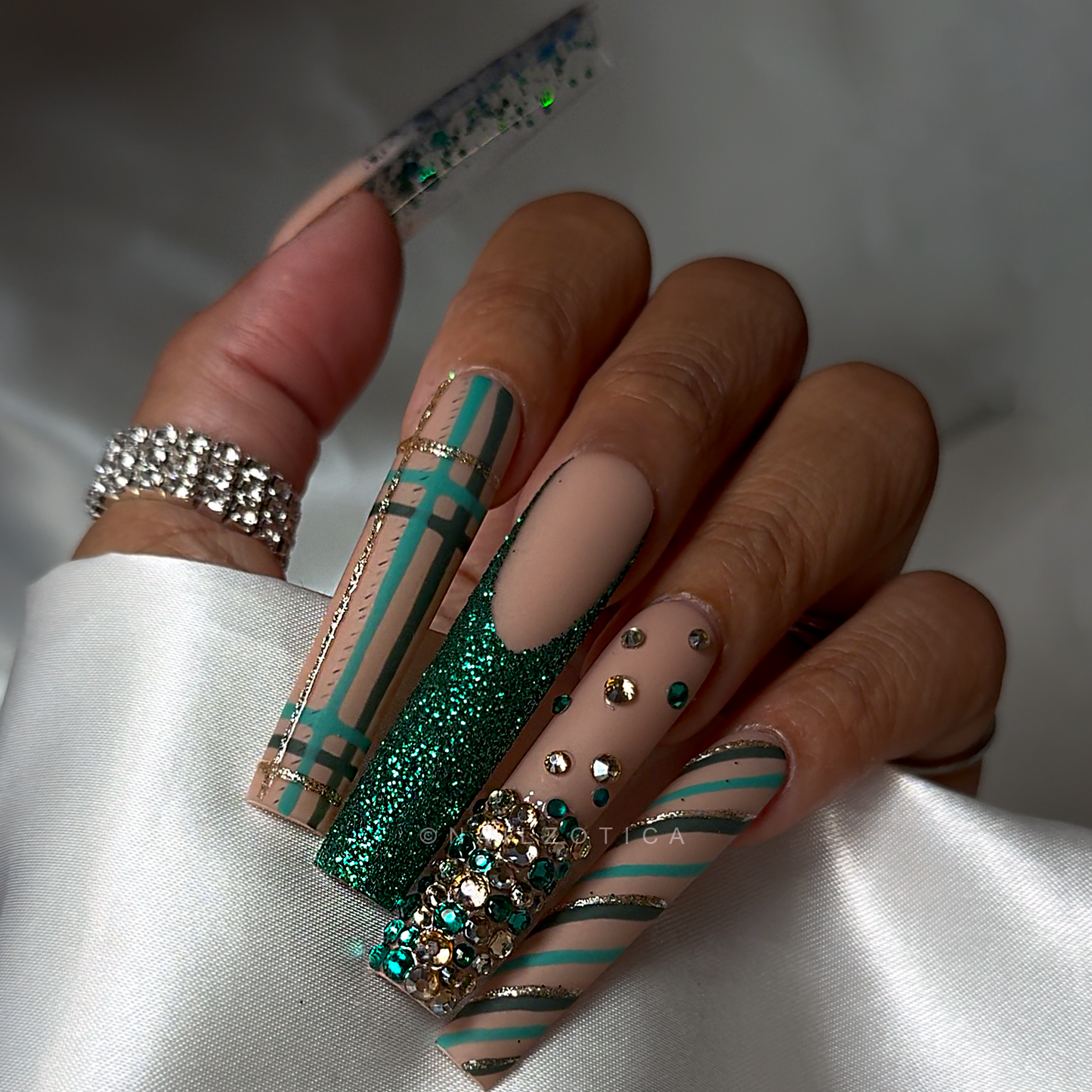 Green Glitz - Extra Long Length Square Shape Plaid Green Gold Glitter French Tip Green and Gold Rhinestone Reusable Acrylic Gel UV Hand-Painted High Quality Handmade Luxury Holiday Edition Christmas Press On Nails