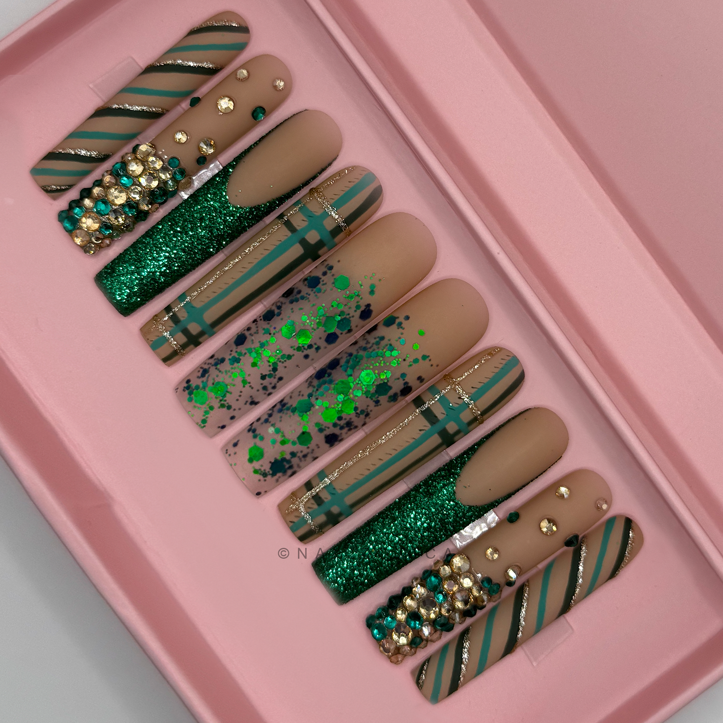 Green Glitz - Extra Long Length 55mm Square Shape Plaid Green Gold Glitter French Tip Green and Gold Rhinestone Reusable Acrylic Gel UV Hand-Painted High Quality Handmade Luxury Holiday Edition Christmas Press On Nails