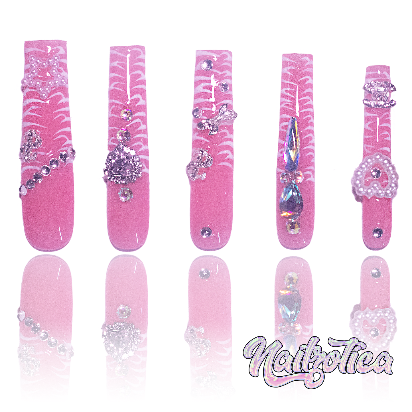 Jewel Junkie - Extra Long Length 55mm Square Shape Pink Semi-Transparent Base White Animal Zebra Print Star Heart Pearl Dollar Sign Bow Jewel Charm Silver Rhinestone Reusable Acrylic Gel UV Hand-Painted High Quality Handmade Luxury Press On Nails