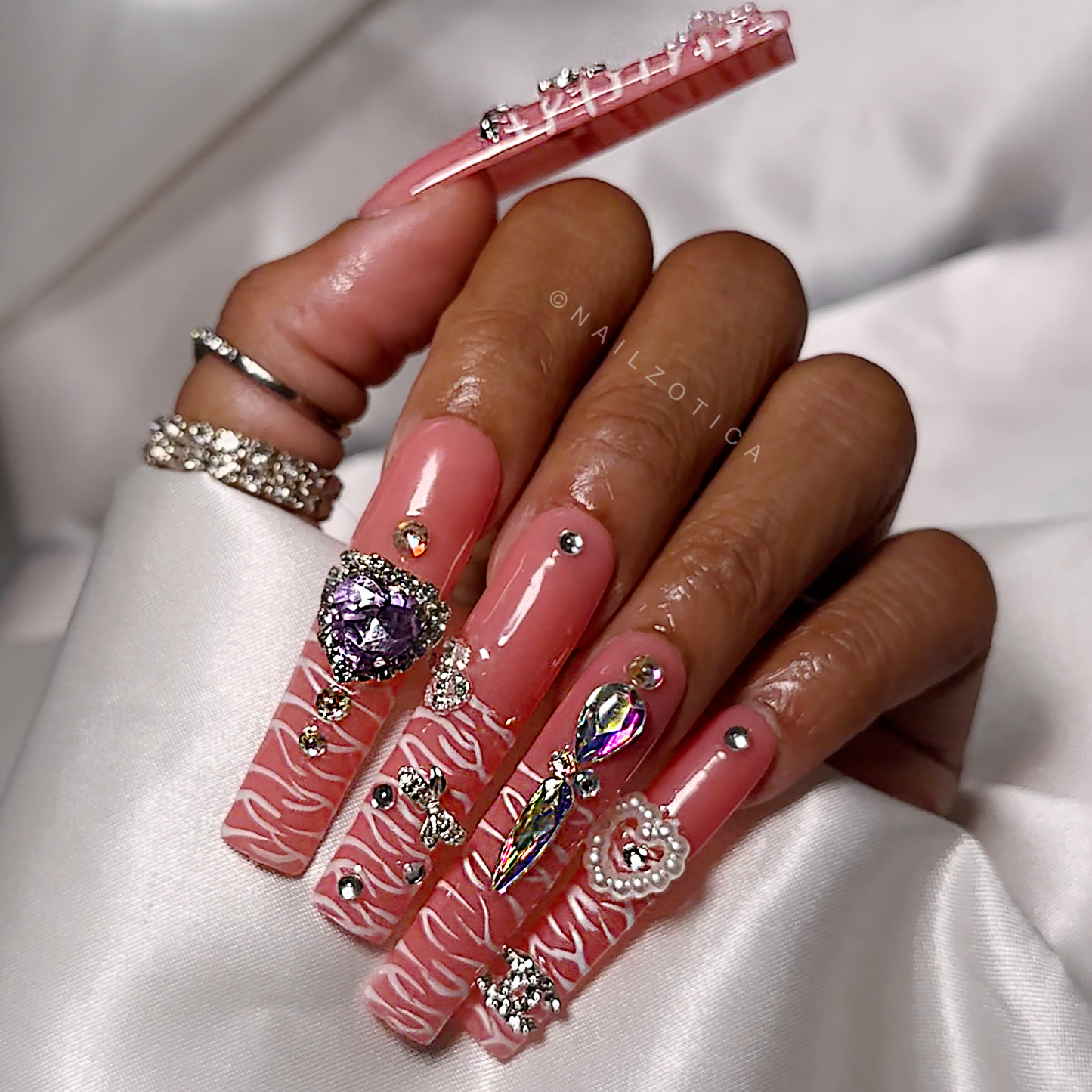 Jewel Junkie - Extra Long Length 55mm Square Shape Pink Semi-Transparent Base White Animal Zebra Print Star Heart Pearl Dollar Sign Bow Jewel Charm Silver Rhinestone Reusable Acrylic Gel UV Hand-Painted High Quality Handmade Luxury Press On Nails