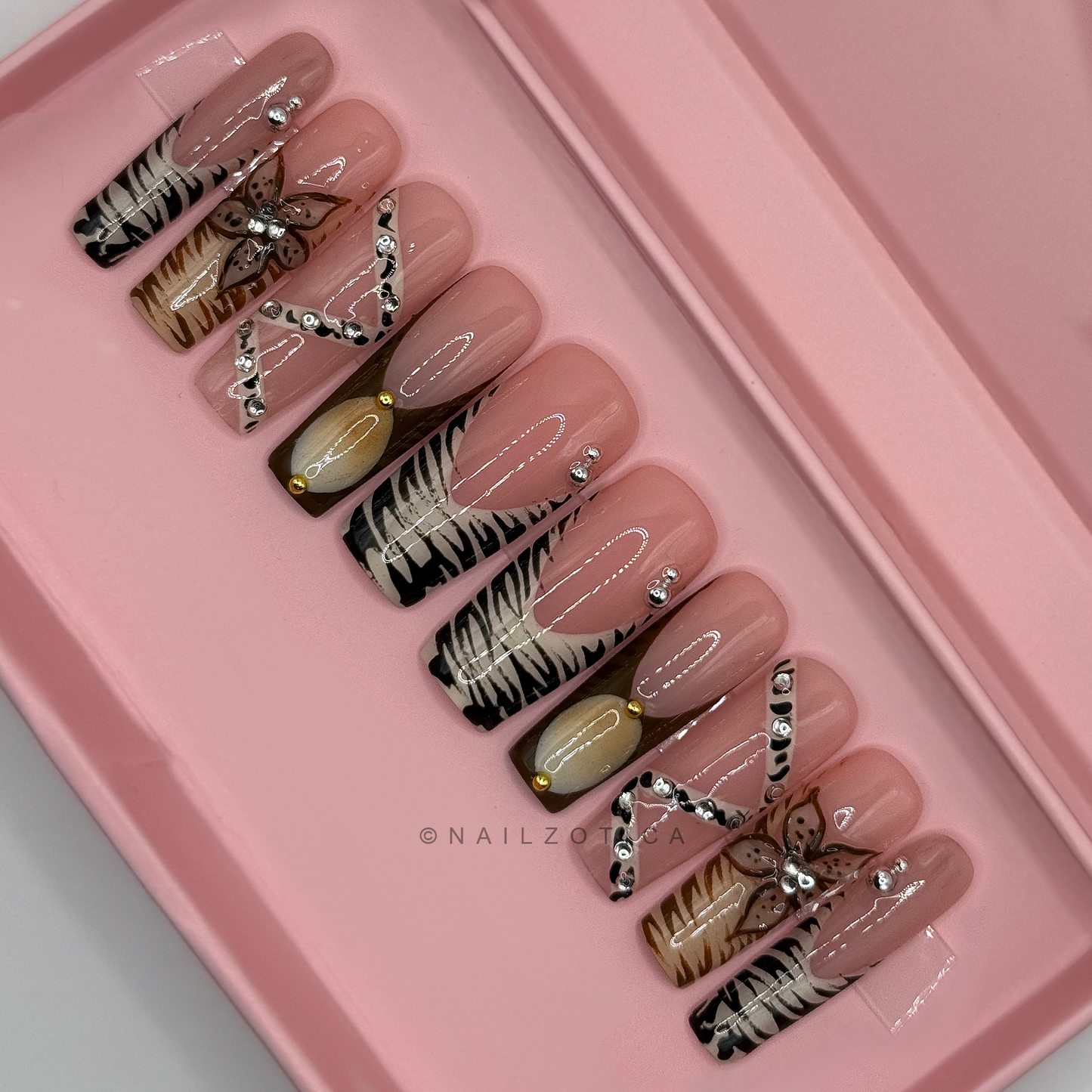 Lavish Lily - Medium Length 35mm Square Shape 3D Flower Brown Abstract Silver Rhinestone Reusable Acrylic Gel UV High Quality Handmade Luxury Press On Nails