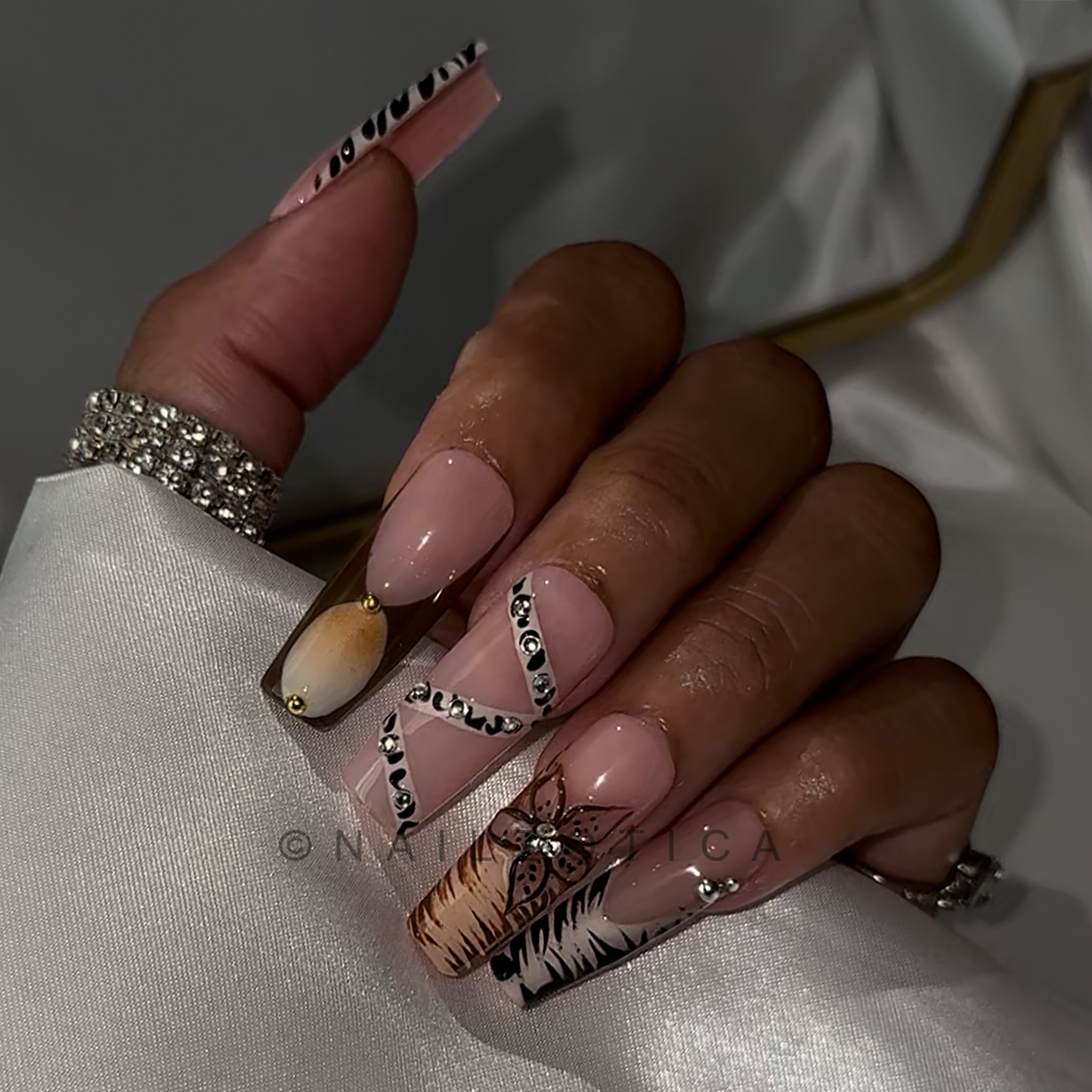 Lavish Lily - Medium Length 35mm Square Shape 3D Flower Brown Abstract Silver Rhinestone Reusable Acrylic Gel UV High Quality Handmade Luxury Press On Nails