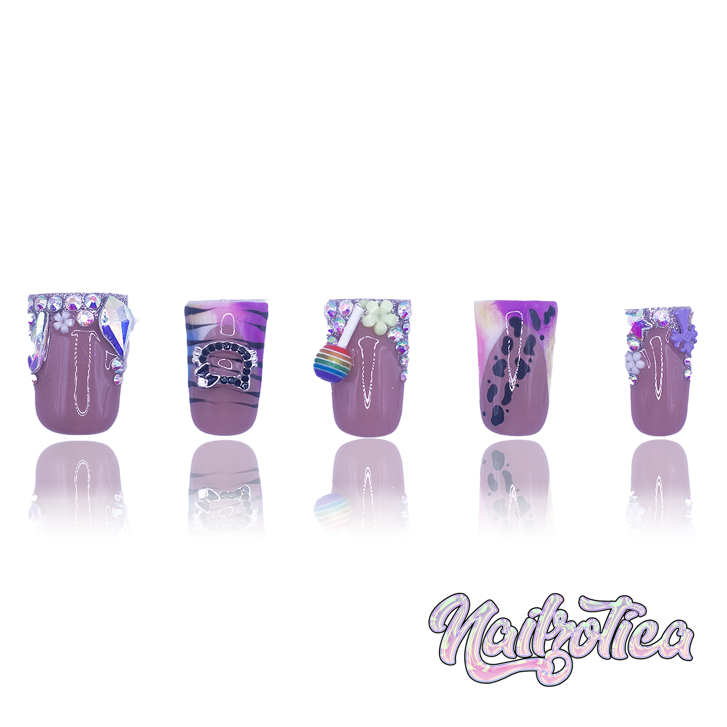 Lisa Frankz - Short Length Tapered Duck Shape Animal Black Leopard Zebra Print Reusable Acrylic Gel UV Hand-Painted High Quality Handmade Luxury Press On Duck Nails