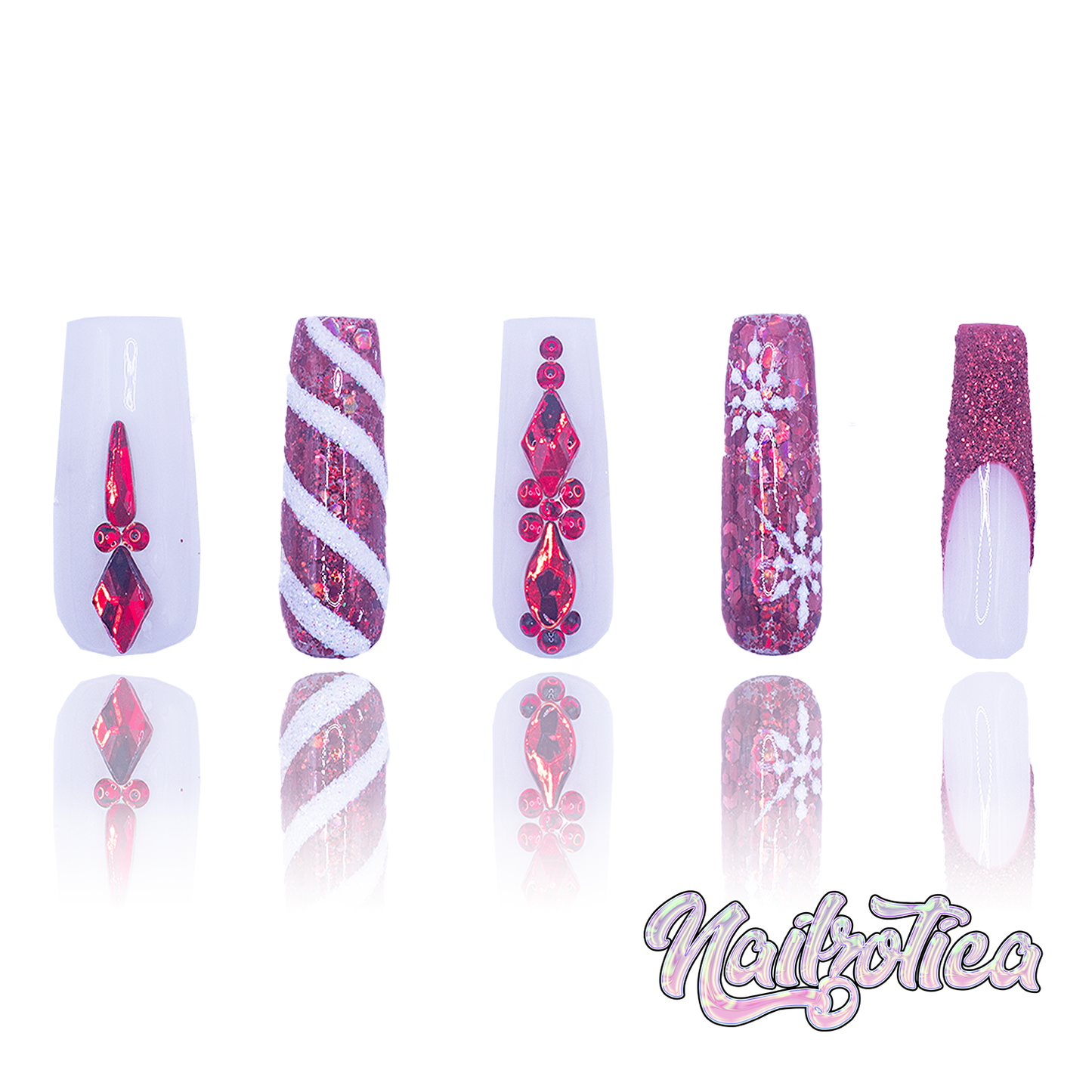 Naughty List - Medium Length 30mm Square Shape Red and White Candy Cane Peppermint Glitter Snowflake Holographic Confetti French Tip Reusable Acrylic Gel UV Hand-Painted High Quality Handmade Luxury Holiday Edition Christmas Press On Nails (Custom)