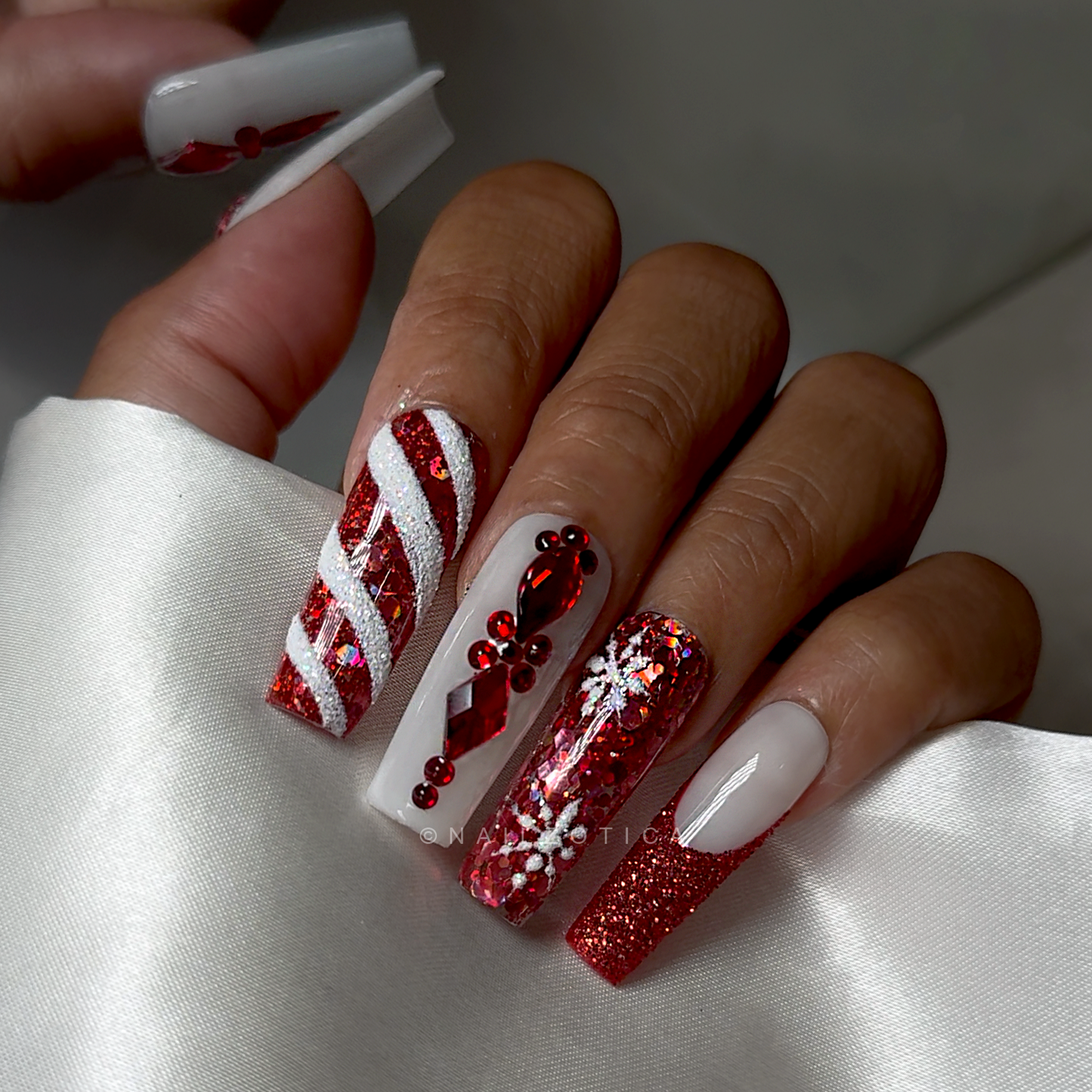 Naughty List - Medium Length Square Shape Red and White Candy Cane Peppermint Glitter Snowflake Holographic Confetti French Tip Reusable Acrylic Gel UV Hand-Painted High Quality Handmade Luxury Holiday Edition Christmas Press On Nails