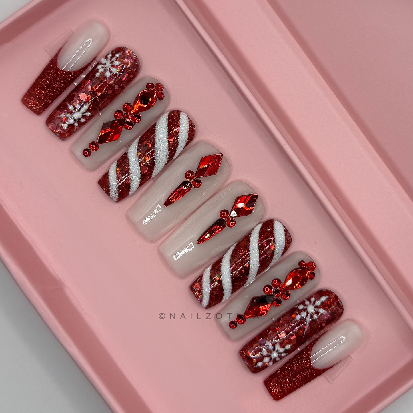 Naughty List - Medium Length 30mm Square Shape Red and White Candy Cane Peppermint Glitter Snowflake Holographic Confetti French Tip Reusable Acrylic Gel UV Hand-Painted High Quality Handmade Luxury Holiday Edition Christmas Press On Nails